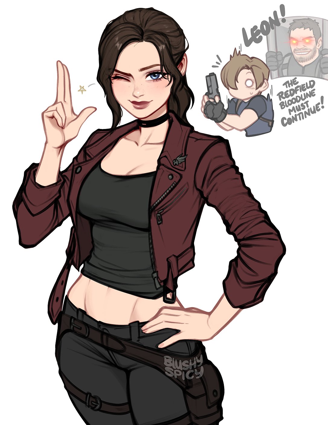 1girls, 2026, 2d, blue eyes, blushypixy, blushyspicy, breasts, brown hair, capcom, chris redfield, chrisposting, claire redfield, cleavage, cropped jacket, cropped shirt, female, female focus, hidden amogus, jacket, joke, leon scott kennedy, meme, midriff, navel, open jacket, red jacket, resident evil, resident evil code veronica, smile, smiling, smiling at viewer, wink, winking, winking at viewer