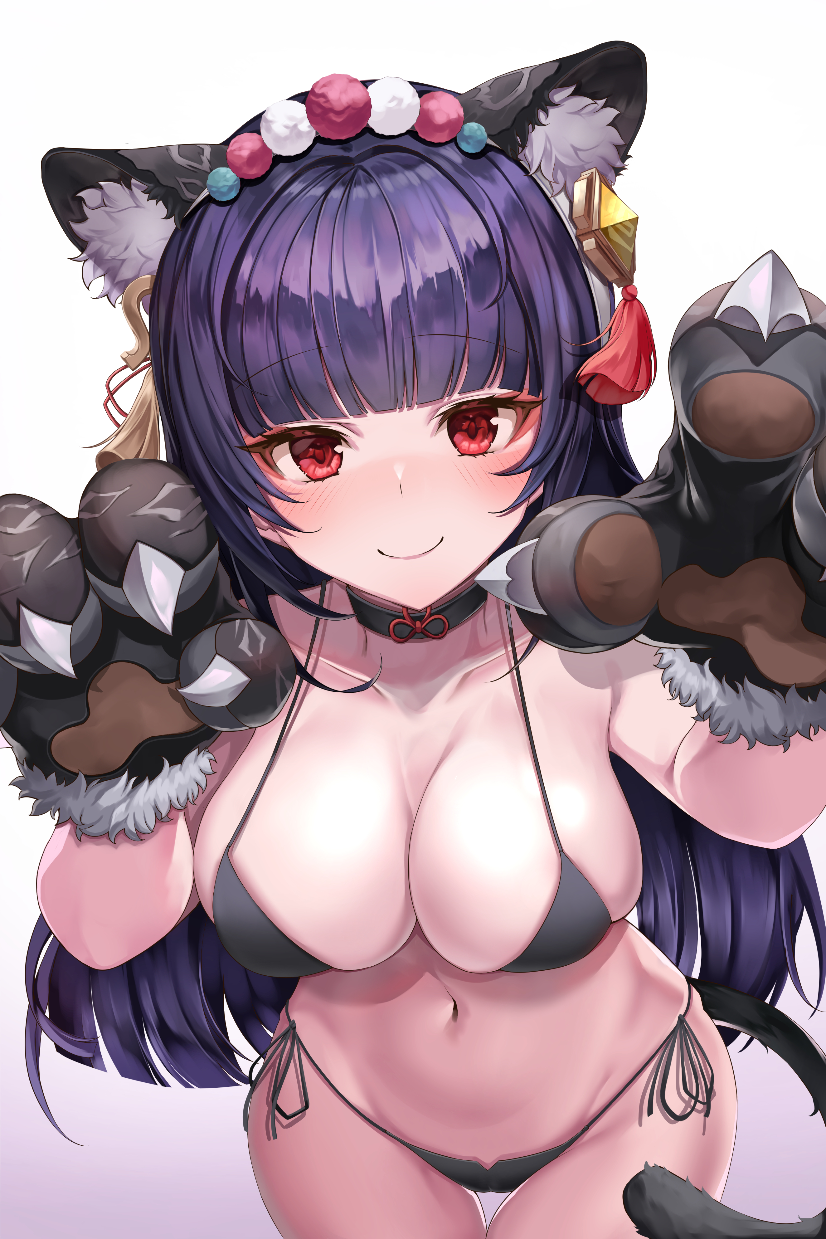 1girls, big breasts, bikini, blush, breasts, busty, choker, cleavage, curvaceous, curvy, female, genshin impact, goth, hi res, large breasts, light skin, light-skinned female, looking at viewer, pale skin, pale-skinned female, paws, pengrani, side-tie panties, smile, tiger ears, tiger tail, year of the tiger, yun jin (genshin impact)