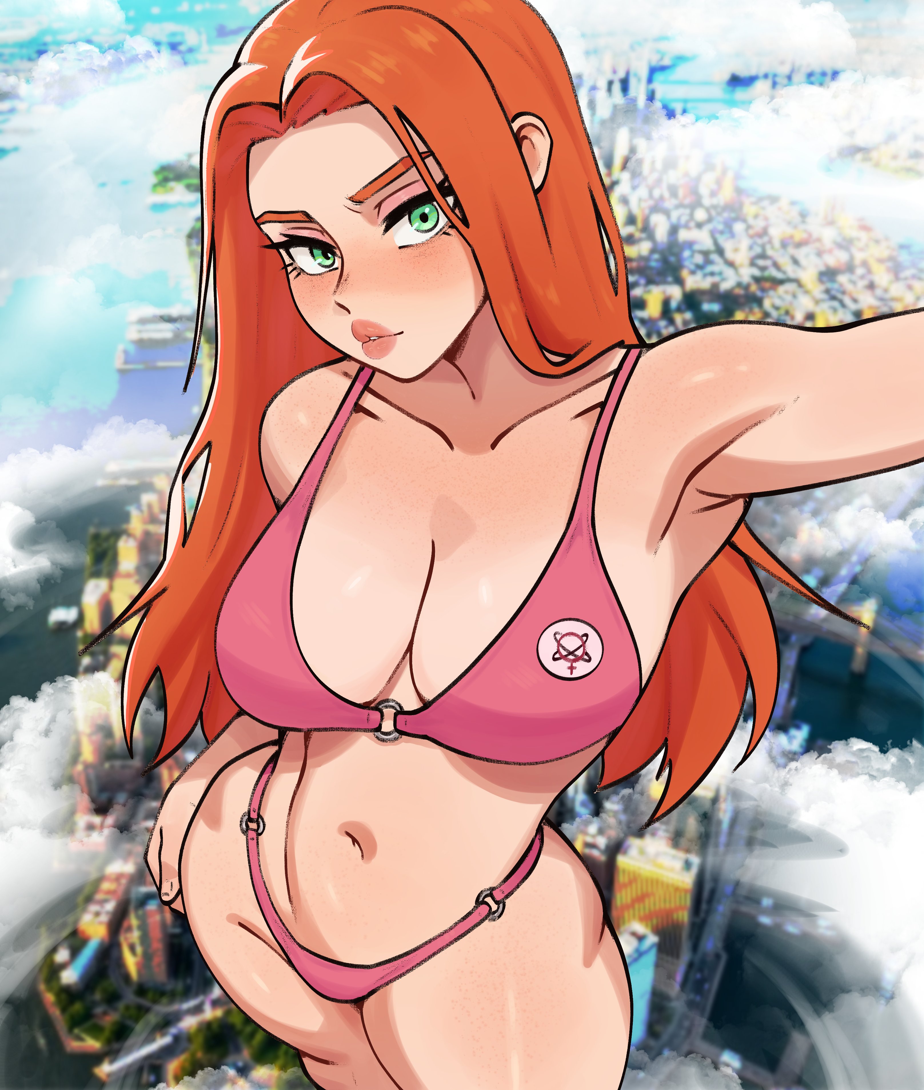 1girls, 2026, 2d, atom eve, big breasts, bikini, breasts, busty, city background, cityscape, cleavage, clothing, clouds, female, female focus, female only, green eyes, haolksou, highres, invincible, invincible (tv series), large breasts, lipstick, long hair, navel, orange hair, pink bikini, samantha eve wilkins, selfie, selfie pose, superheroine, voluptuous