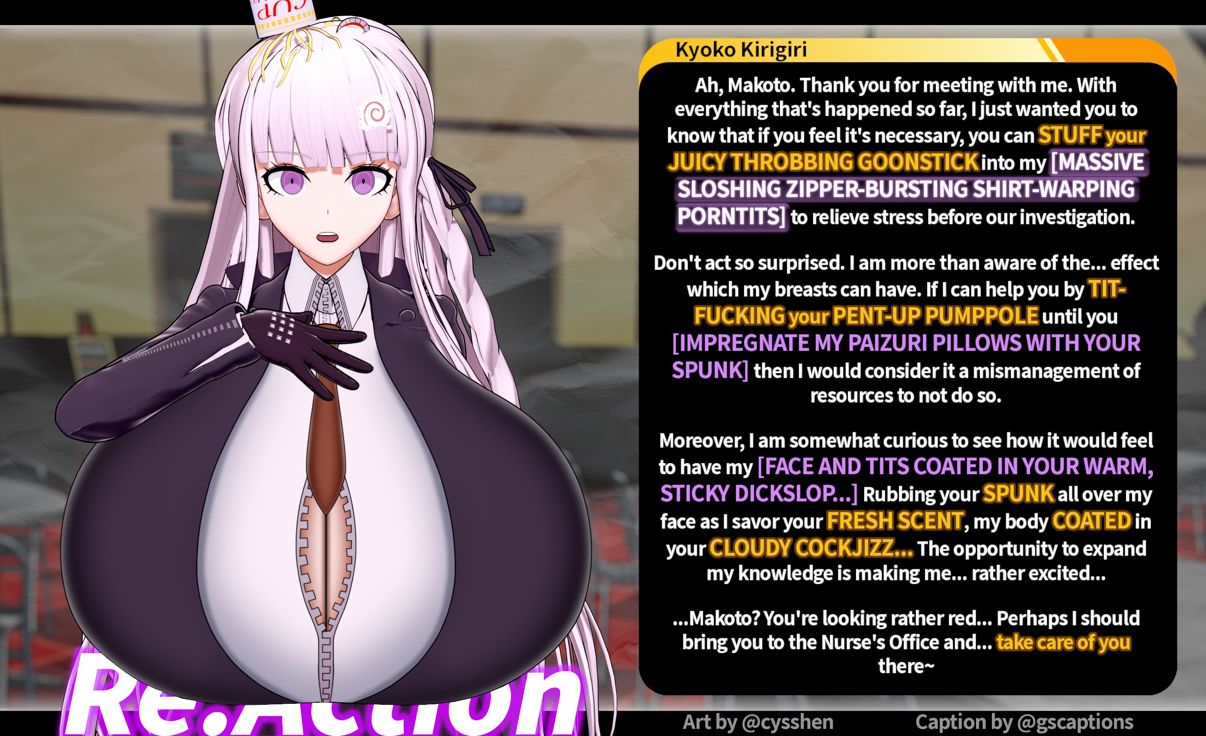 1girls, alternate breast size, before paizuri, before sex, big breasts, boobs, breasts, caption, cyshen, danganronpa, danganronpa (series), danganronpa: trigger happy havoc, dirty talk, english text, female, female only, food, gigantic breasts, goonspeak, gscaptions, horny, horny female, huge breasts, hyper breasts, imminent sex, indoors, kirigiri kyouko, naegi makoto, noodles (food), offscreen character, offscreen male, purple eyes, solo, text, tied shirt, white hair