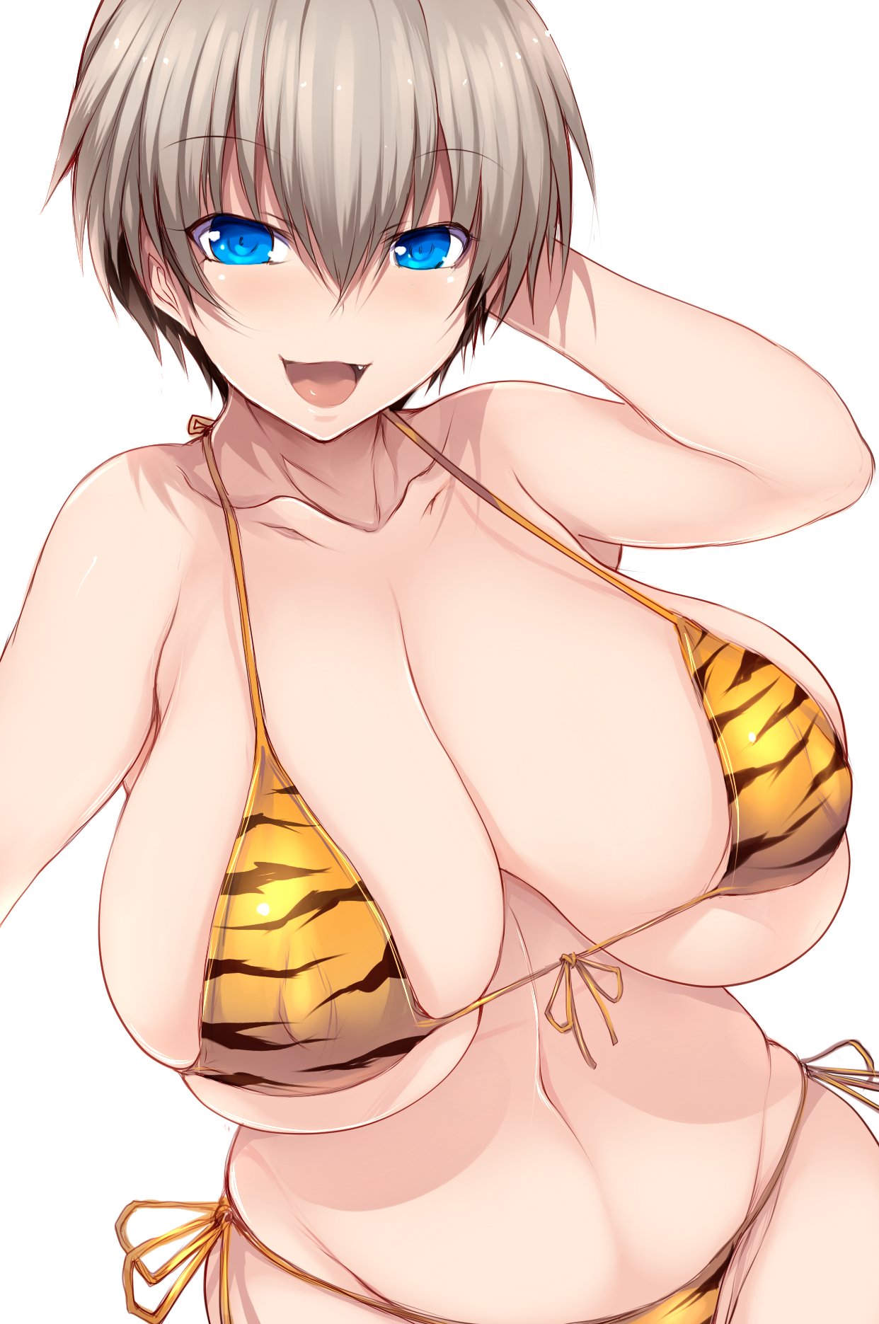 1girls, 2022, belly button, blue eyes, breasts, cleavage, female, female only, grey hair, hips, huge breasts, massive breasts, new year, short hair, side-tie bikini, simple background, tiger print, tiger print bikini, tsukasawa takamatsu, uzaki hana, uzaki-chan wa asobitai!, white background, wide hips, year of the tiger