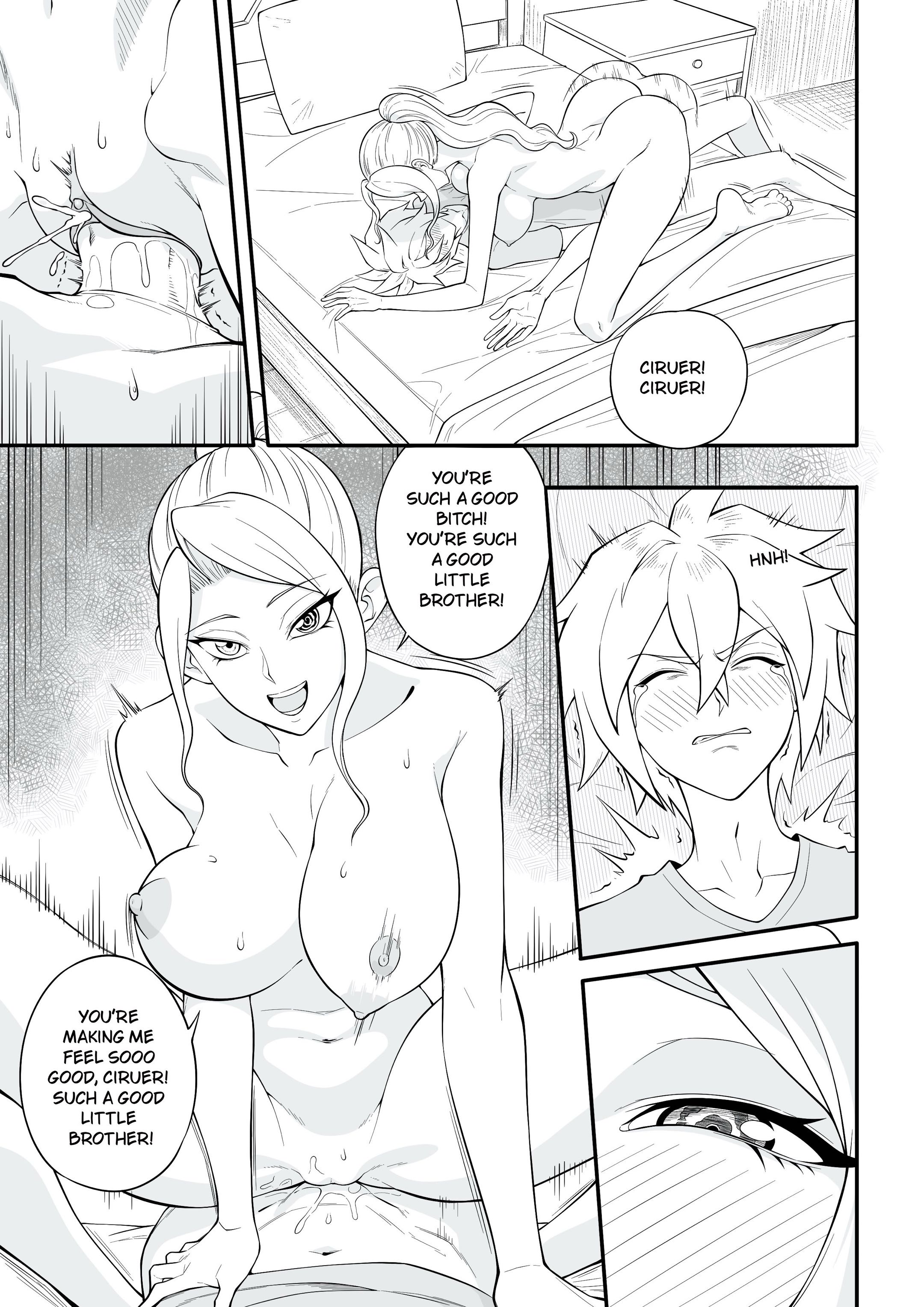 1boy, 1boy1girl, 1girl, a daily occurrence, bed, bed sheet, bedroom, bedroom background, bedroom setting, bedroom sex, big ass, big boobs, big breasts, big penis, black and white, blood bond, blush, blushing, bouncing ass, bouncing boobs, bouncing breasts, bouncing on cock, bouncing on penis, brother, brother and sister, ciruer beau green (monstershake), clitoris, crying, crying while forced, crying while penetrating, crying while raped, dominant female, dominant female submissive male, er0popo, femdom, forced, forced sex, gritted teeth, gritting teeth, hand on belly, happy, happy female, incest, isonoe helvia green (monstershake), large ass, large boobs, large breasts, long hair, long hair female, manga, manga page, manga style, monstershake, naked, naked female, nude, nude female, pillow, rape, raped by female, raped by sister, raped male, reverse rape, sayuri milkshake, scared, scared expression, scared face, scared male, shaking, shirt, shirt only, short hair, short hair male, short male, shorter male, shorter male/taller female, sister, smile, smiling, smiling female, speech, speech bubble, speech bubbles, squirt, squirting, squirting on person, submissive male, sweat, sweating, sweating female, tall female, taller female, tears, unusual pupils, vaginal, vaginal fluids, vaginal fluids on belly, vaginal fluids on penis, vaginal juices, vaginal juices on penis, vaginal penetration, vaginal sex