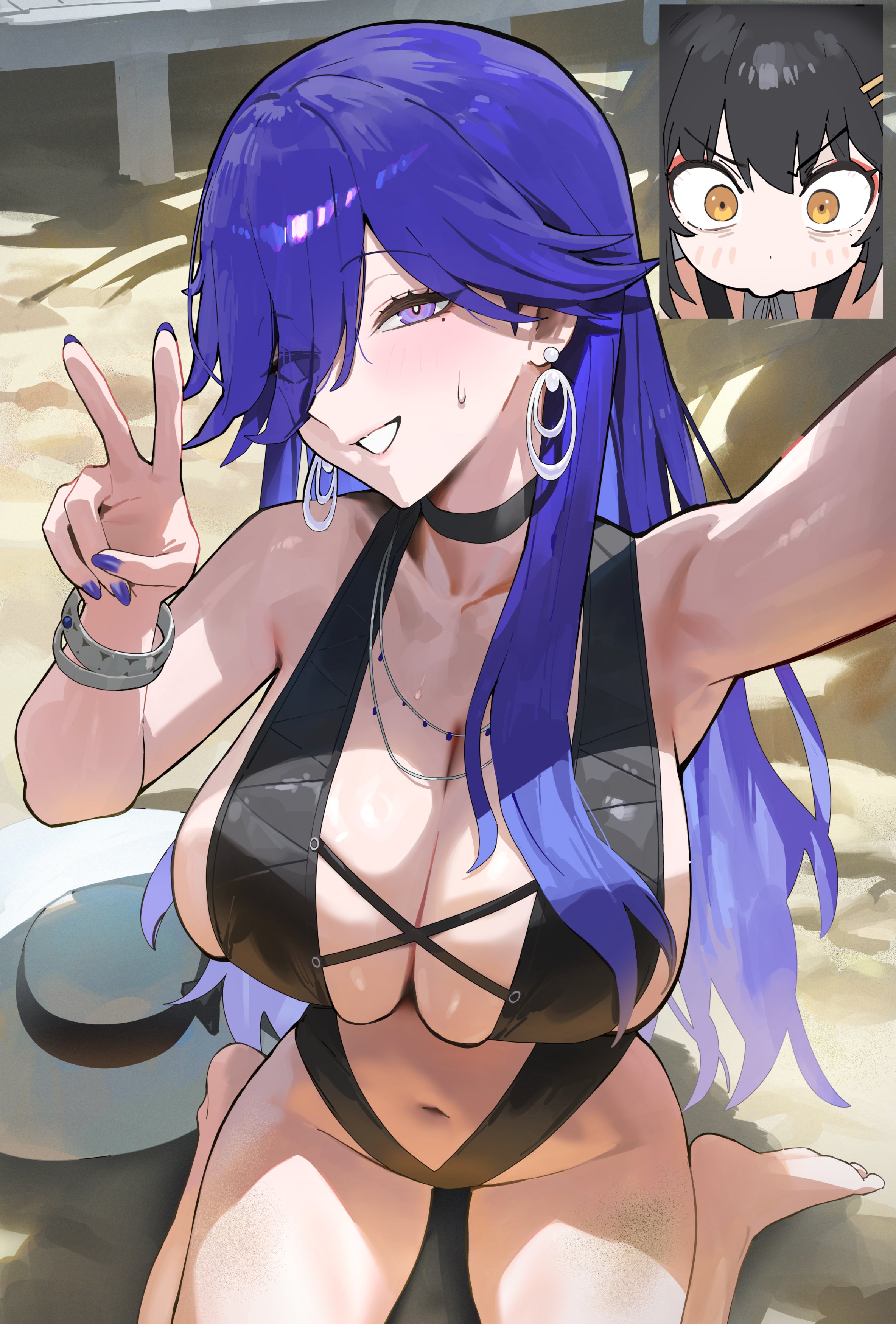 beach, blush, breasts, large breasts, looking at viewer, lucilla (wuthering waves), peace sign, purple eyes, purple hair, tagme, wuthering waves