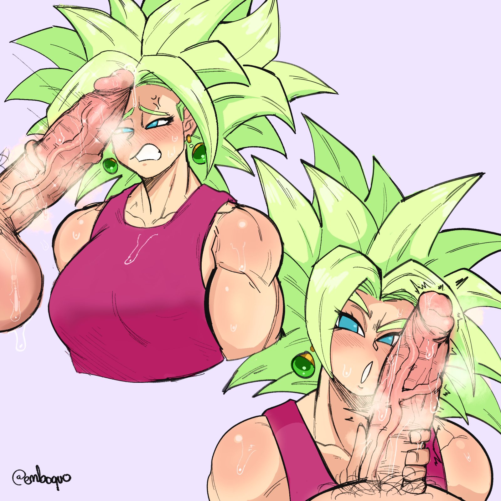 1boy, 1girls, anger vein, angry, big breasts, blush, blushing, breasts, clothed female, clothed female nude male, cock, dragon ball, dragon ball super, ear piercing, earrings, embo, female, female focus, green hair, hand on penis, higher resolution available, huge cock, huge penis, imminent oral, imminent sex, kefla, legendary super saiyan, looking at viewer, male, male pov, male/female, muscular, muscular female, musk, musk clouds, musky, musky cock, nude, nude male, penis, penis out, saiyan, short hair, smell, smelly, smelly cock, son goku, steam, steamy, steamy penis, super saiyan, super saiyan 2, sweat, sweatdrop, sweating, sweaty, sweaty penis, vein, veins, veiny penis