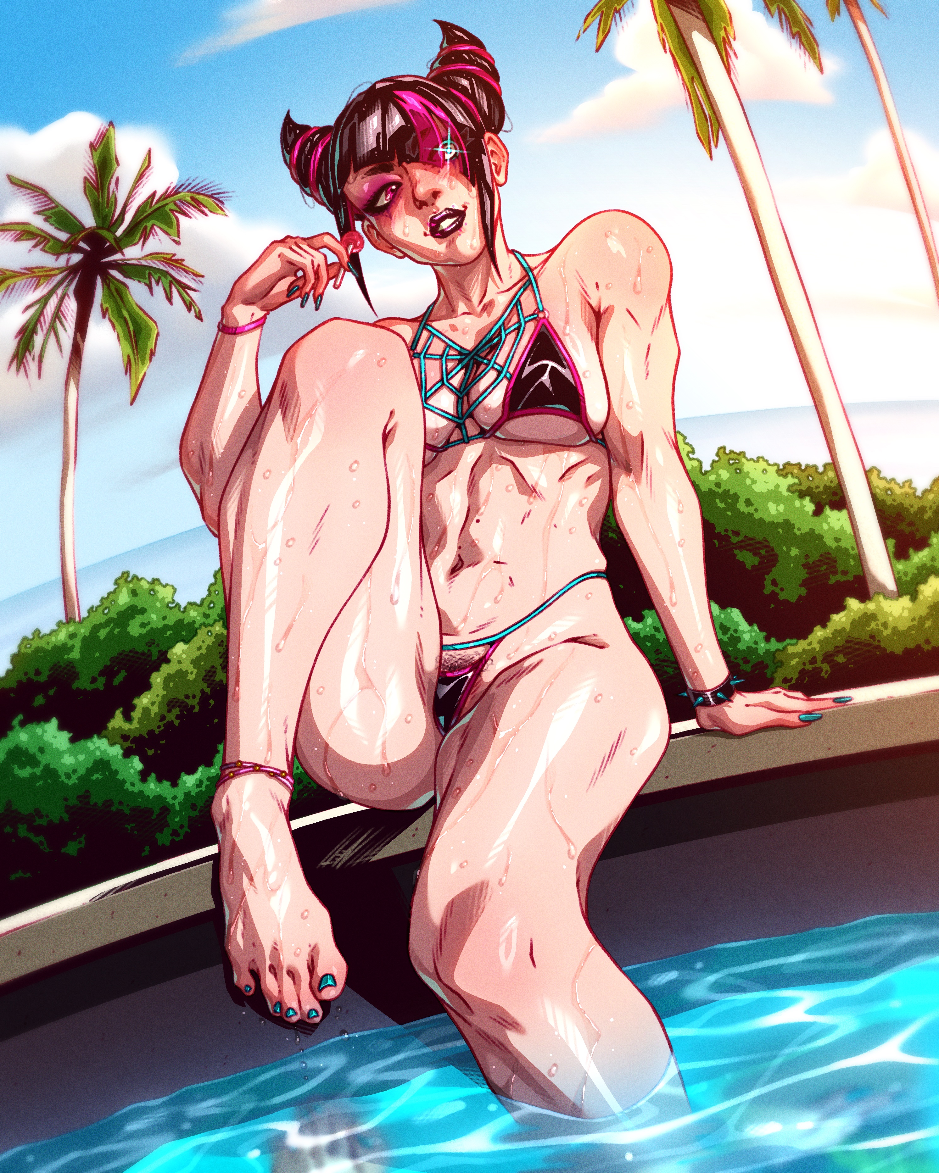 1girls, ankle band, anklewear, big breasts, bikini, black hair, capcom, eyeshadow, feet, female, fingernails, fit, fit female, fitiddies, hair cones, hair over one eye, juri han, levidu99, lollipop, makeup, micro bikini, nail polish, navel, poolside, pubes, pubic hair, pubic hair peek, purple hair, spiked bracelet, streaked hair, street fighter, street fighter 6, tagme, thighs, toenail polish, toenails, toes, wristband