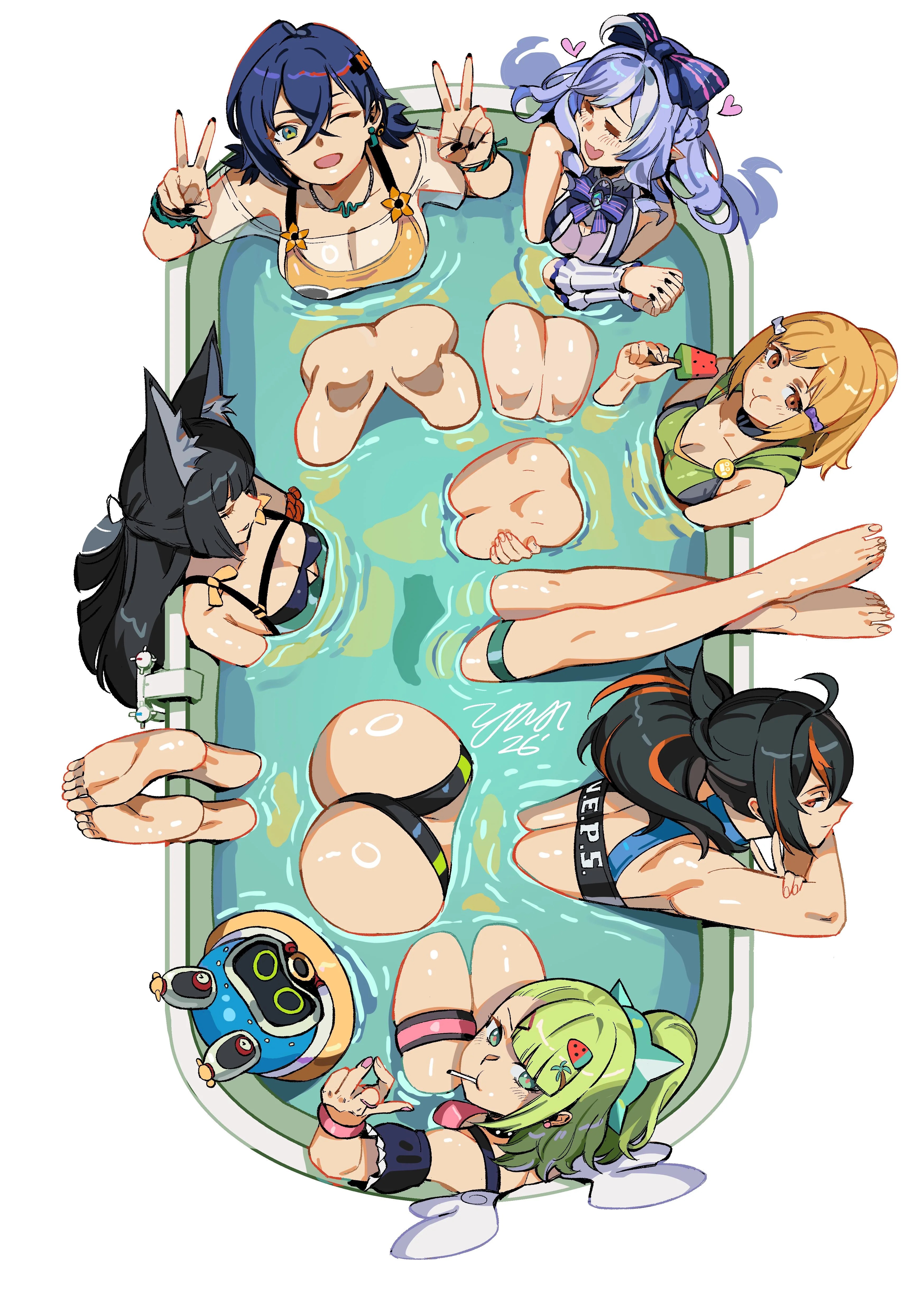 6girls, angels of delusion, animal ears, ass, bangboo (zenless zone zero), belle (summer skies) (zenless zone zero), belle (zenless zone zero), big ass, black nails, colored nails, double v, heddy (zenless zone zero), hoshimi miyabi, light skin, light-skinned female, long hair, long nails, medium breasts, multiple girls, official alternate costume, painted nails, ponytail, popsicle, see-through, see-through clothing, short hair, side ponytail, sunna (zenless zone zero), swimsuit, v, v sign, vivian banshee, vivian banshee (iris of the shore), yusi vishnu, zenless zone zero, zhu yuan