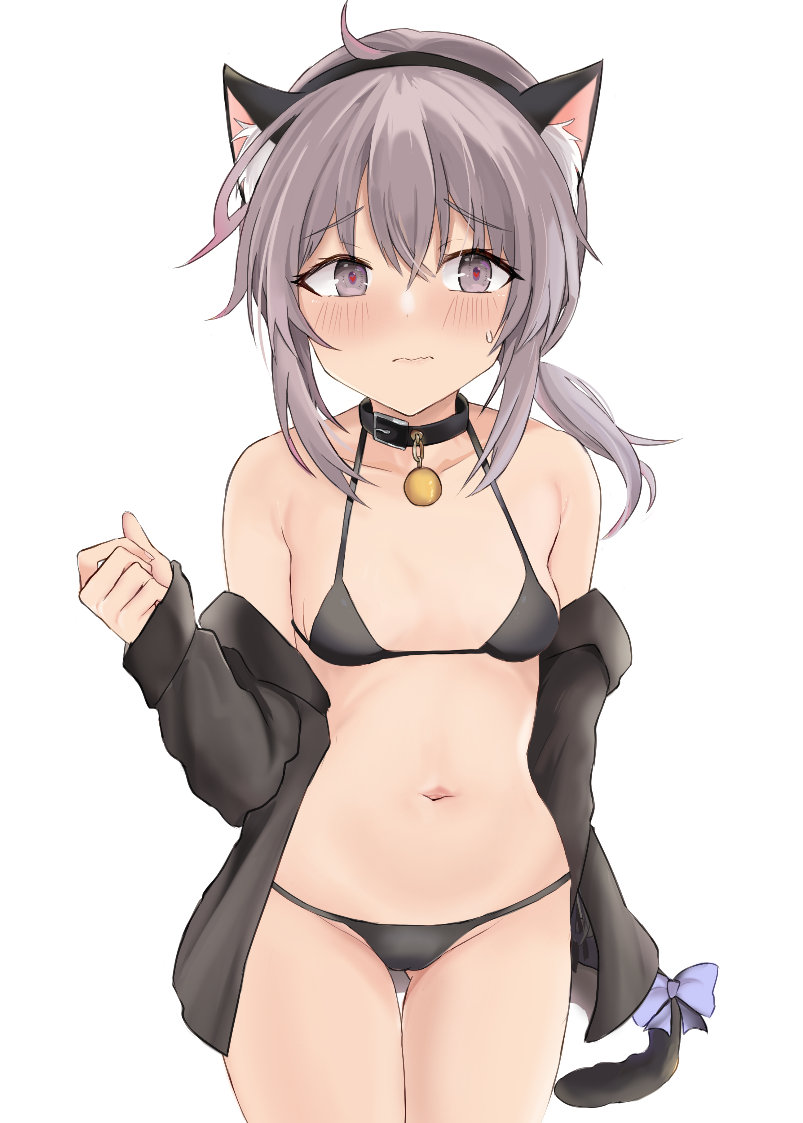absurdres, animal ears, bangs, bare shoulders, bikini, black bikini, black jacket, blush, breasts, brown eyes, brown hair, cat ears, cat tail, closed mouth, collar, fake animal ears, fake tail, female, girls' frontline, headband, highres, jacket, long hair, looking at viewer, m200 (girls' frontline), misaki150280, navel, ponytail, simple background, small breasts, solo, sweatdrop, swimsuit, tail, wavy mouth, white background