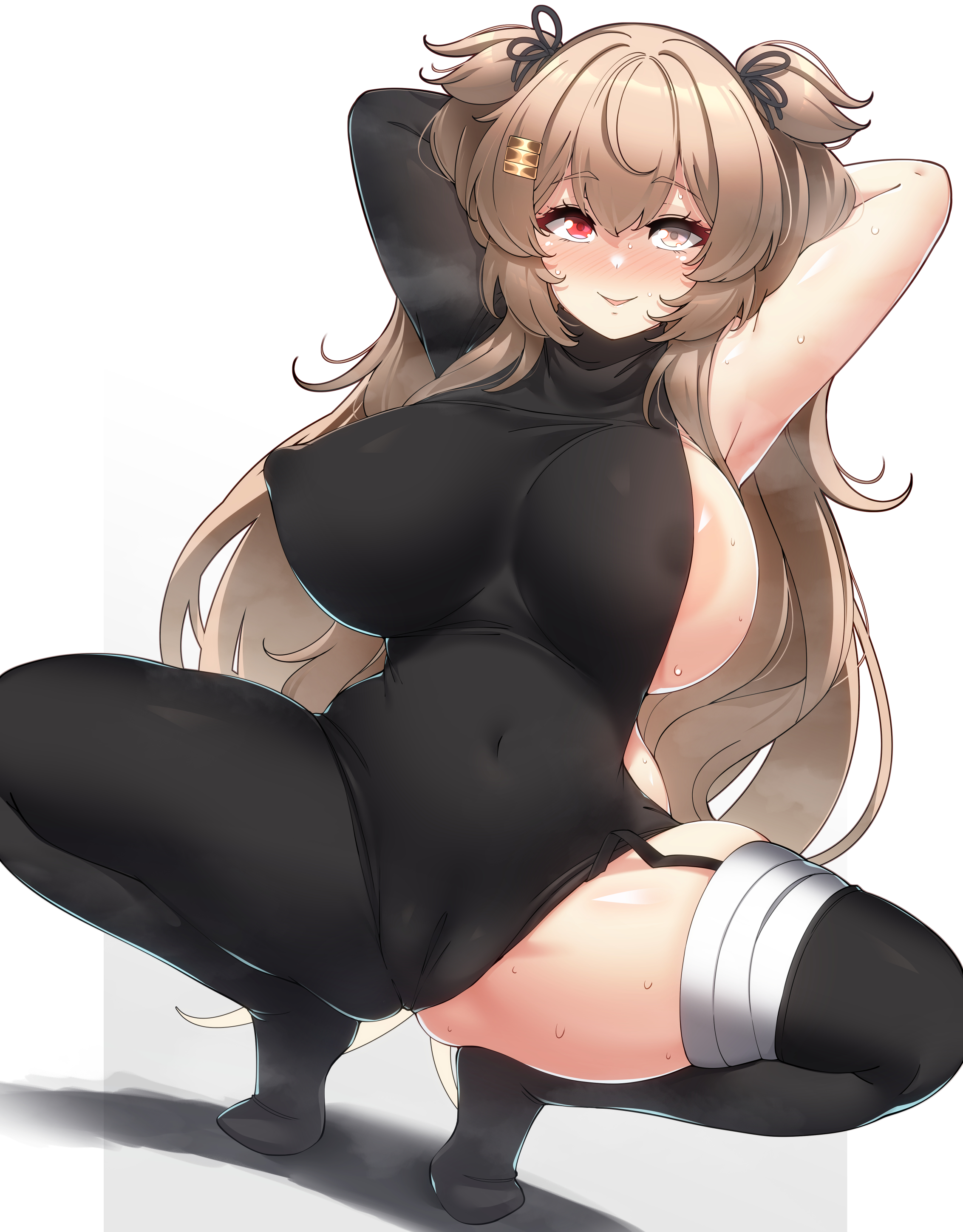 absurdres, areola slip, areolae, arms behind back, asymmetrical legwear, black bodysuit, black legwear, black ribbon, blush, bodysuit, breasts, brown eyes, cameltoe, covered erect nipples, covered navel, eyebrows visible through hair, female, full body, garter straps, grey background, hair between eyes, hair flaps, hair ornament, hair ribbon, hairclip, heterochromia, highres, kantai collection, konoshige (ryuun), large breasts, leotard, light brown hair, long hair, looking at viewer, murasame (kantai collection), parted lips, pussy, red eyes, ribbon, ryuun (stiil), smile, solo, squatting, sweat, thighhighs, turtleneck, two side up, very long hair