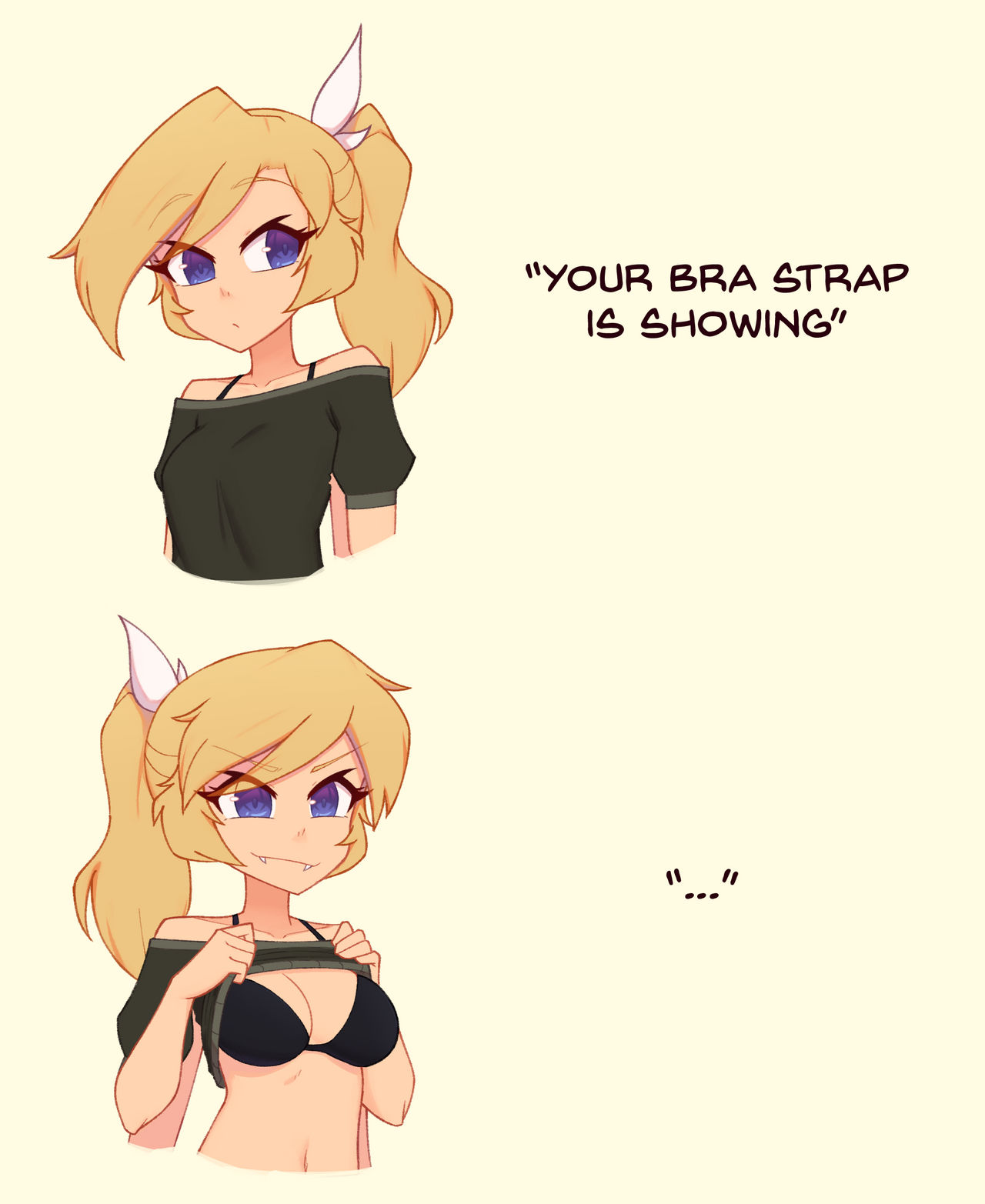1girl, 4 arms, black bra, blonde hair, blue eyes, bra, bra strap is showing (meme), bra straps, fangs, flashing, large breasts, lifting shirt, meme, nelly, original character, ponytail, smug, xyroni