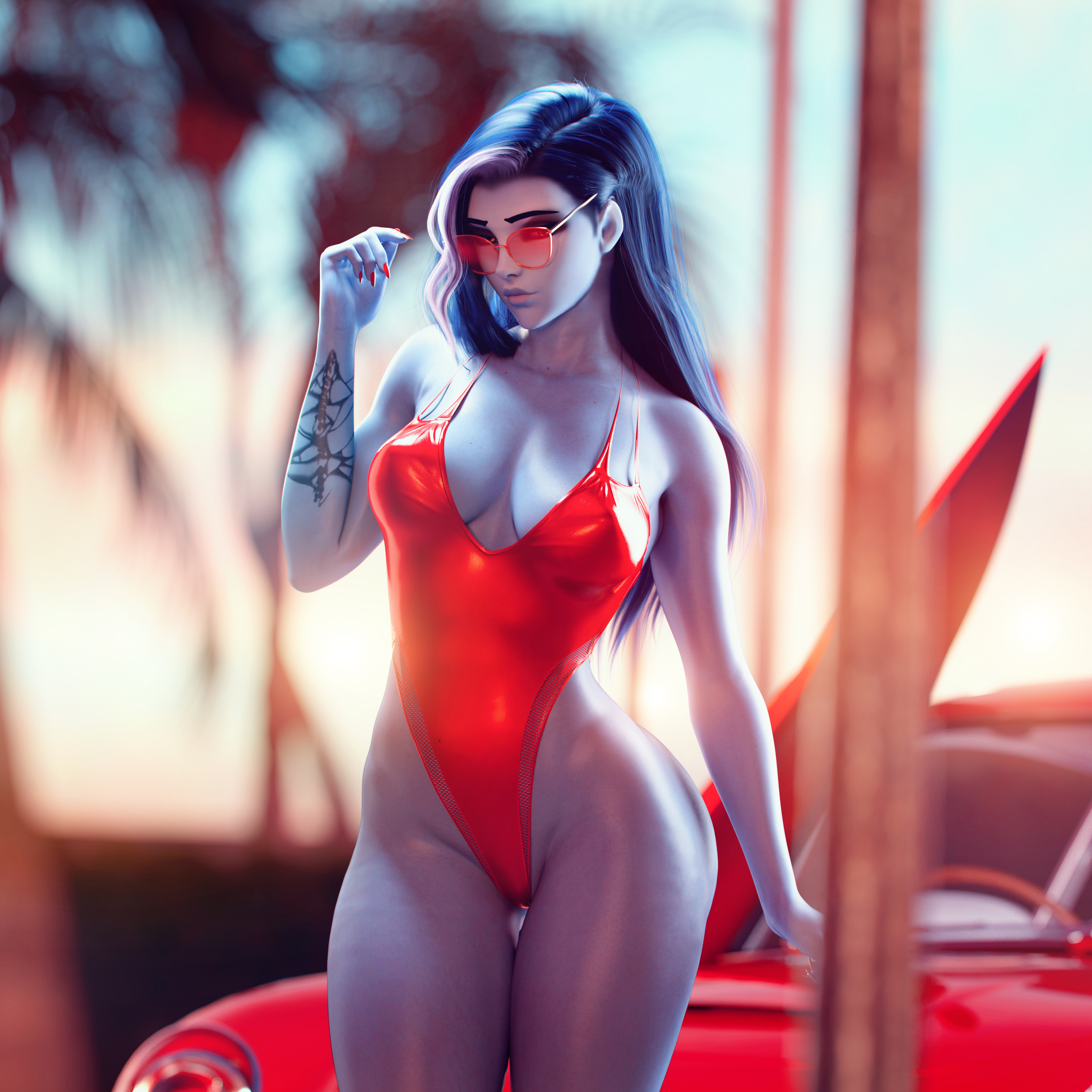 1girls, 3d, big breasts, blue hair, breasts, cleavage, dress, female, female only, leotard, long hair, noahgraphicz, one-piece swimsuit, overwatch, red-tinted eyewear, smile, solo, solo female, standing, sunglasses, swimsuit, swimwear, thick thighs, tinted eyewear, voluptuous, wide hips, widowmaker