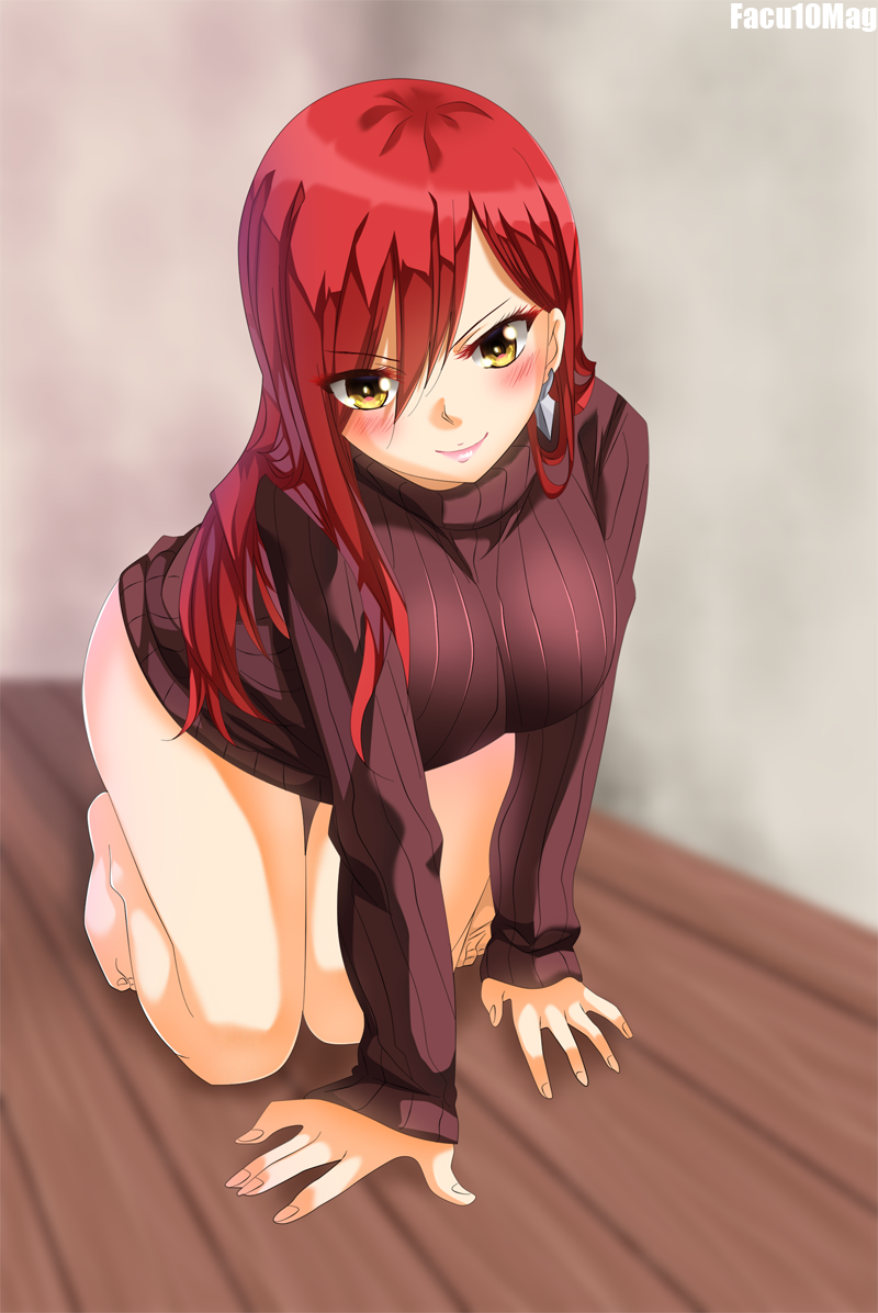 all_fours bare_legs bent_over blush bottomless earrings erza_scarlet facu10mag fairy_tail looking_at_viewer no_pants on_floor red_hair ribbed_sweater seductive seductive_look smile straight_hair sweater sweater_only turtleneck_sweater yellow_eyes