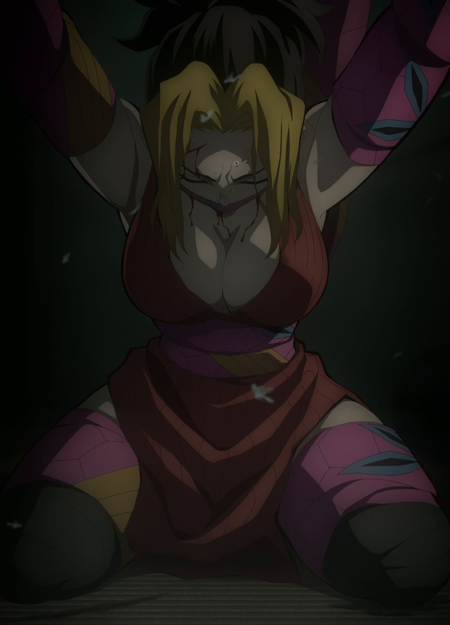 1girls, armpits, arms up, big breasts, black hair, black legwear, black thighhighs, blonde hair, blonde-haired female, blood, bondage, breasts, cleavage, closed eyes, covered mouth, defeated, demon slayer, female, female only, gag, japanese clothes, kimetsu no yaiba, kneeling, kunoichi, makio (kimetsu no yaiba), mouth gag, no bra, obi, open clothes, restrained, screencap, side slit, sleeveless, solo, sweat, thighhighs, two-tone hair