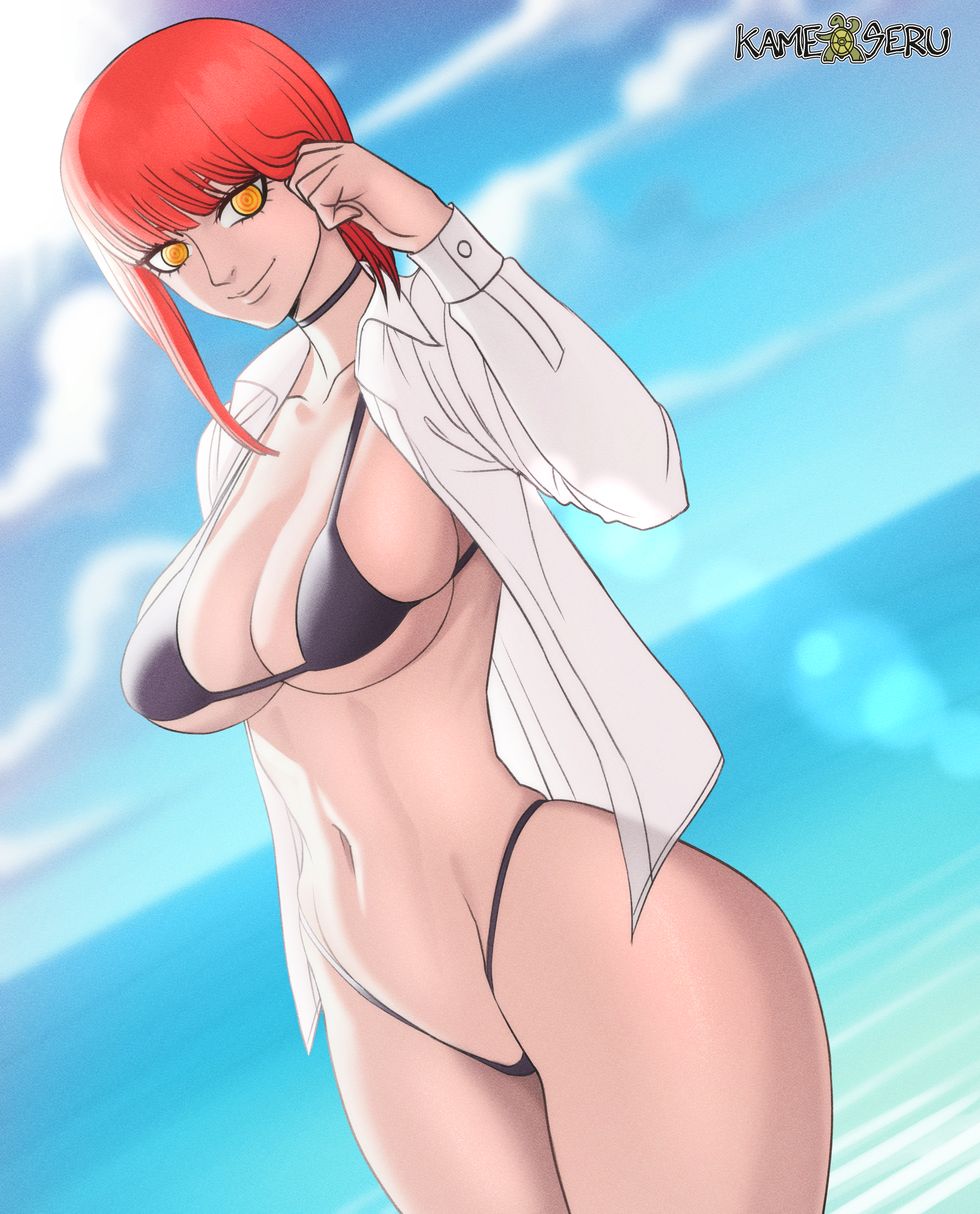 1girls, belly, big breasts, bikini, bikini bottom, bikini top, breasts, chainsaw man, cleavage, closed mouth, female, female focus, female only, kameseru, looking at viewer, makima (chainsaw man), navel, open clothes, open shirt, red hair, red-haired female, shirt, sideboob, smile, solo, solo female, standing, thick thighs, thighs, thong, wide hips, yellow eyes