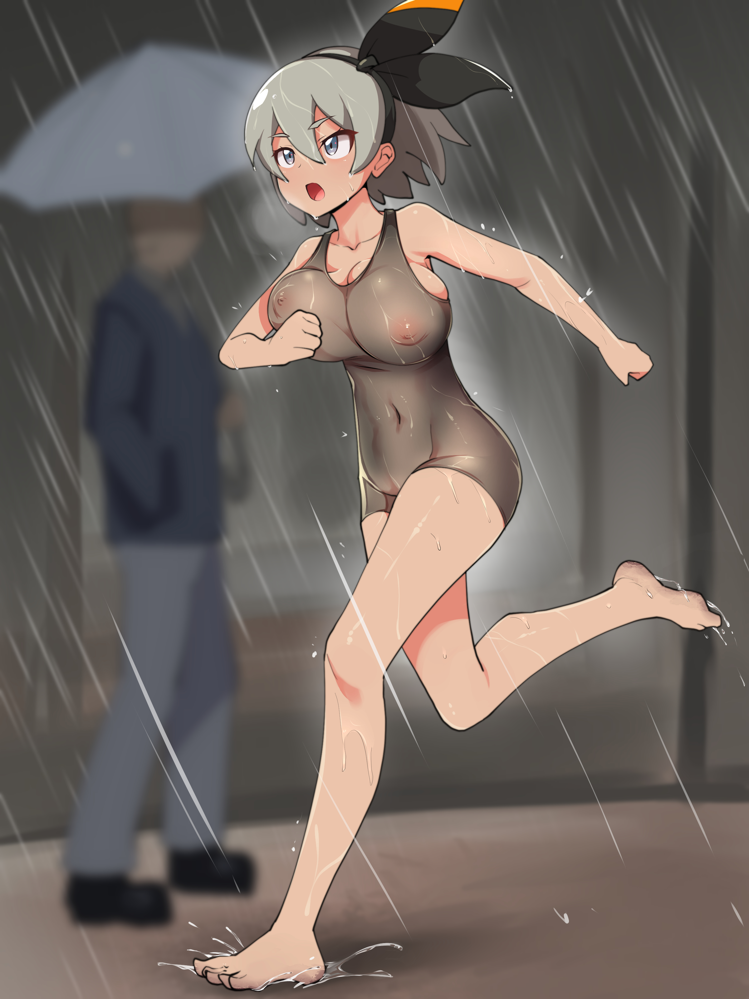 1girls, bea (pokemon), blush, breasts, curvaceous, exhibitionism, feet, female, high resolution, nintendo, nipples, nishamon, open mouth, outdoors, pokemon, pokemon ss, rain, running, toes, very high resolution