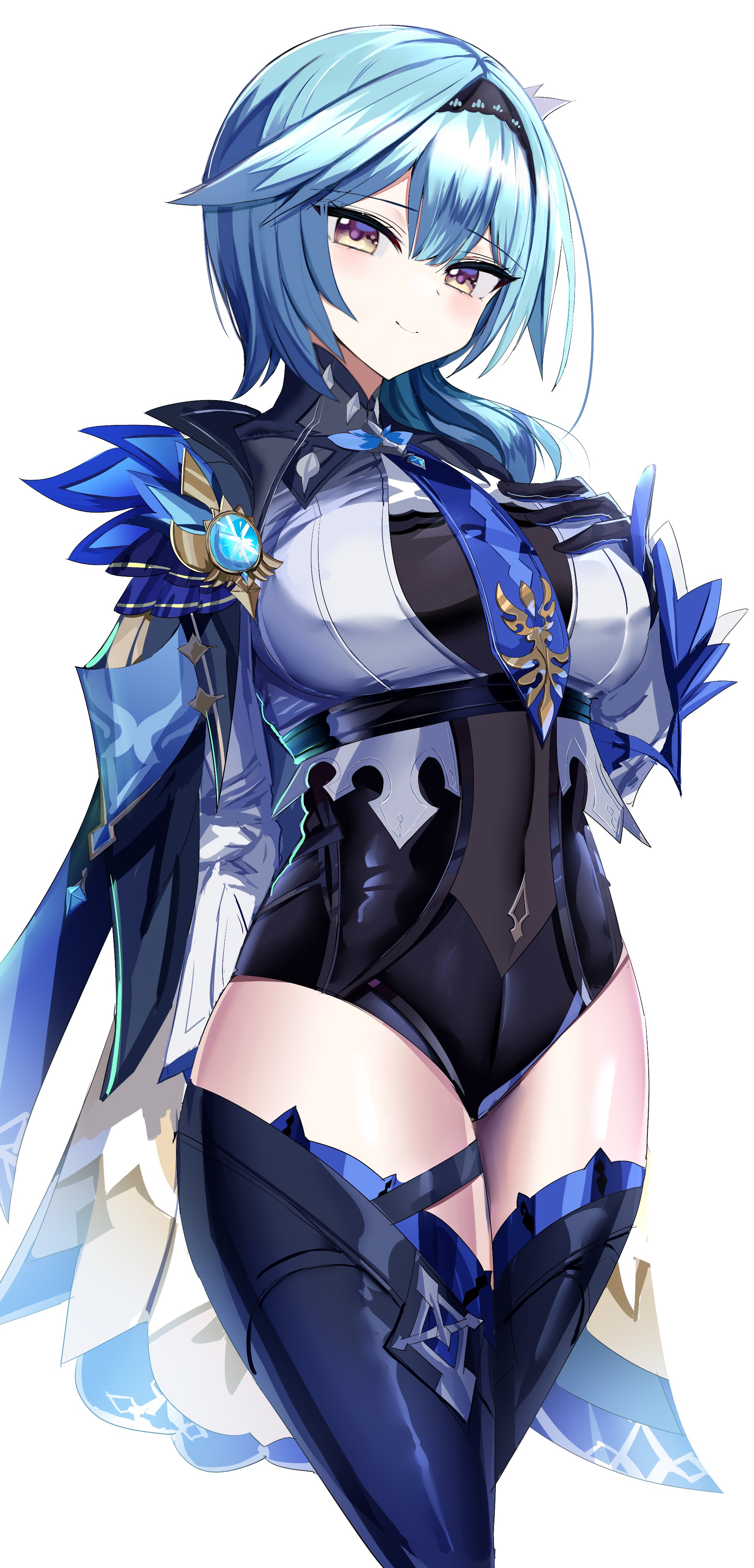 1girls, abs, absurd res, adamant369, bangs, belly button, big breasts, black bodysuit, blue hair, blush, bodysuit, breasts, eula (genshin impact), female, genshin impact, hair between eyes, hairband, hanasaka houcha, hand on breast, headband, hi res, highres, hips, huge breasts, large breasts, looking at viewer, midriff, plain background, purple eyes, see-through, see-through clothing, short hair, simple background, slim waist, small waist, smile, solo, thick, thick thighs, thigh boots, thigh highs, thigh strap, thighhighs, thighs, tight clothing, waist, white background, wide hips, yellow eyes