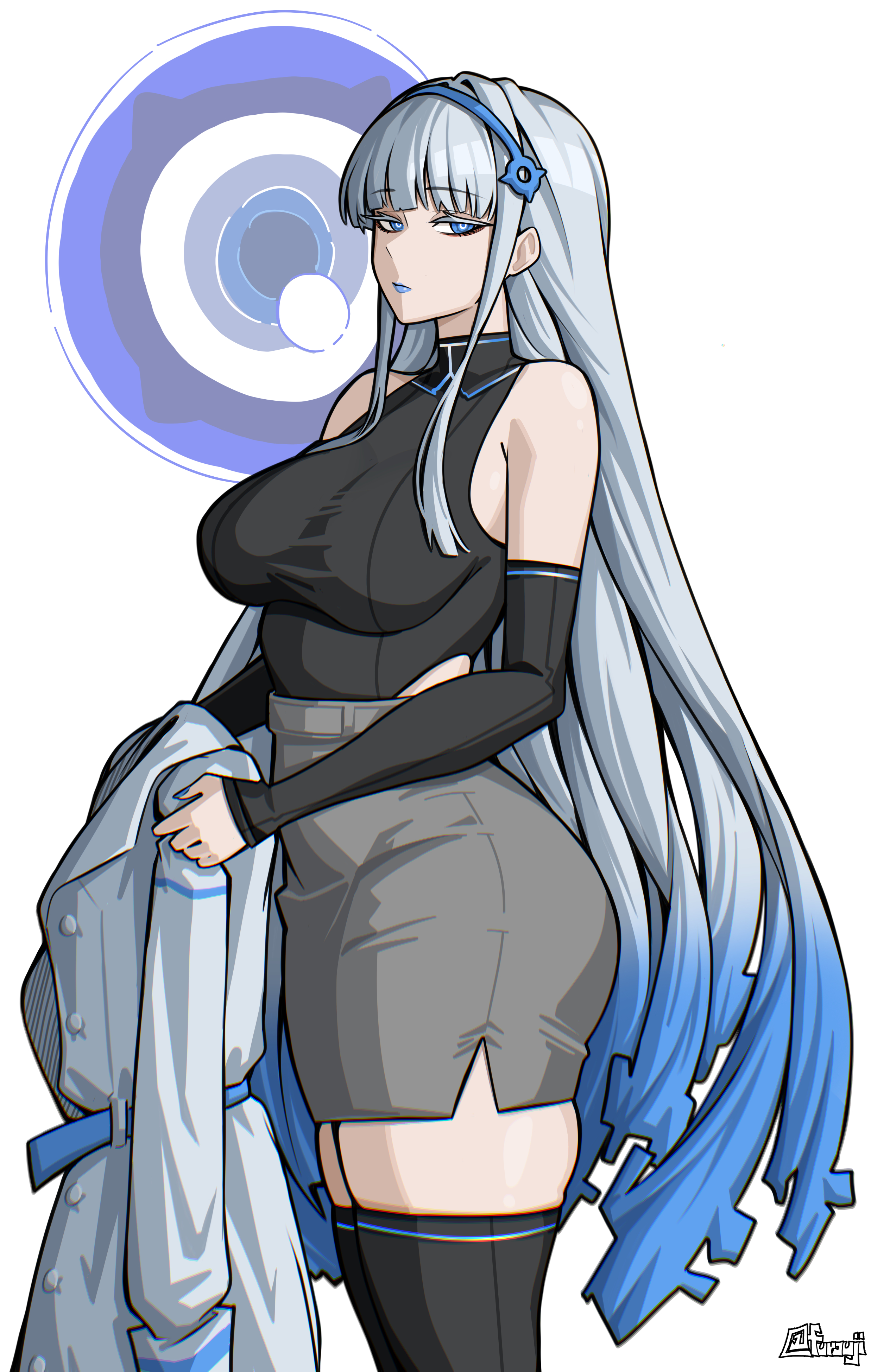 1girls, bangs, bare shoulders, big ass, big breasts, big butt, blue lipstick, blue nails, child bearing hips, clothed, colored nails, curves, curvy, fairy (zenless zone zero), female, female only, fully clothed, furauji, hoyoverse, large breasts, light skin, light-skinned female, lipstick, long nails, mihoyo, painted nails, pale skin, sfw, thick, thick thighs, thigh highs, thighs, white hair, wide hips, zenless zone zero