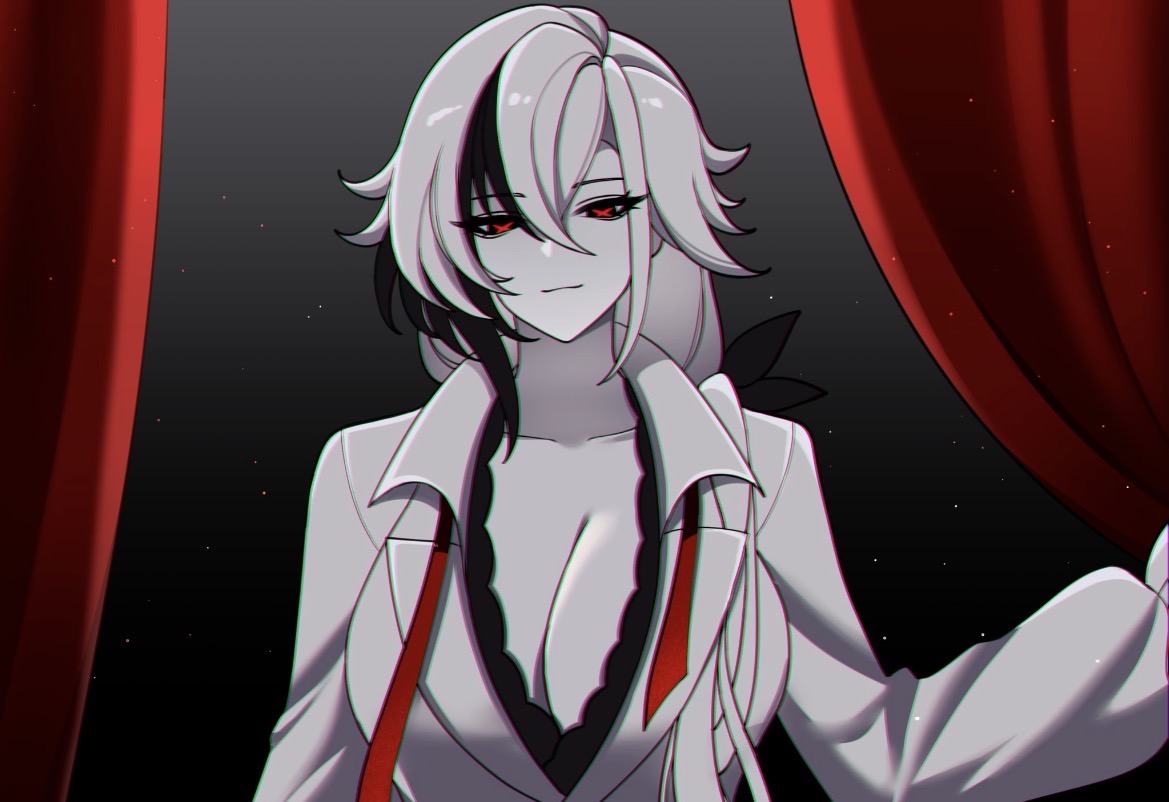 arlecchino (genshin impact), big breasts, breasts, busty, charlie purrito, cleavage, coat, genshin impact, long hair, open curtains, unzipped, unzipped jacket, white hair