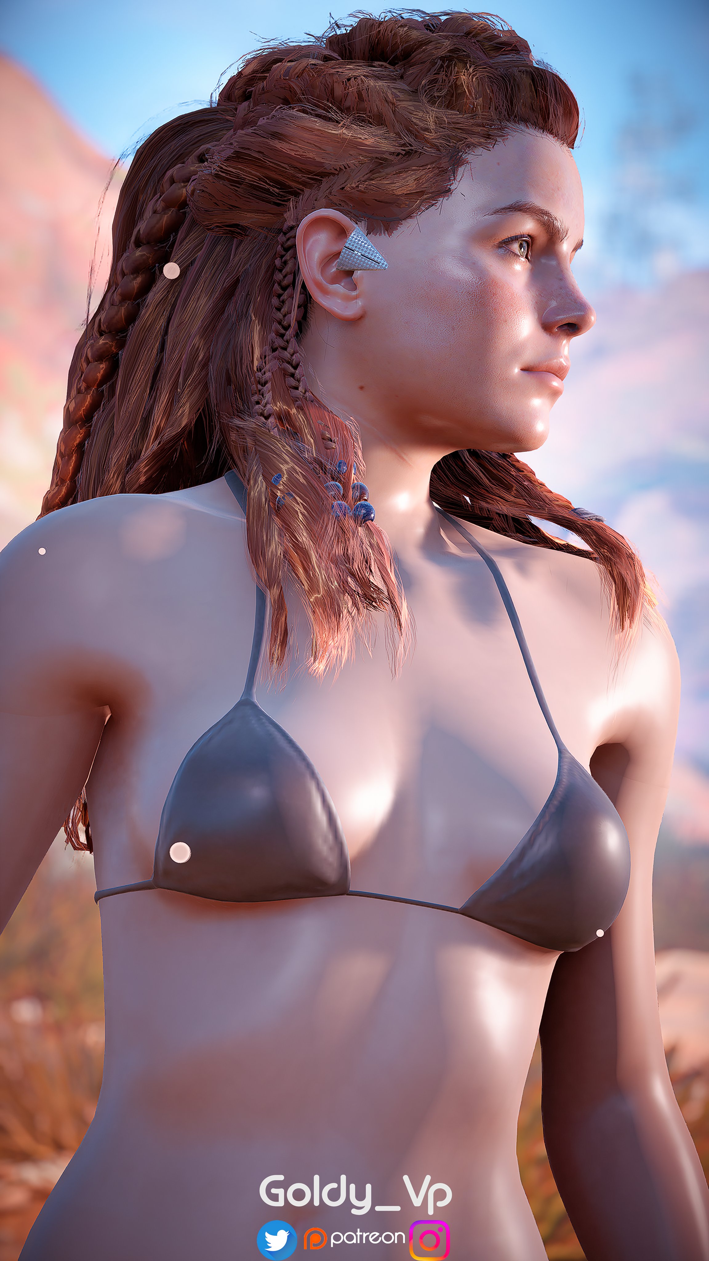 1girls, 3d, 3d (artwork), 4k, absurd res, aloy, athletic, athletic female, bikini, bikini top, braided hair, female, female focus, female only, fit, fit female, freckles, goldy 3d, horizon zero dawn, long hair, looking away, red hair, shiny skin, solo, solo female, solo focus, sony interactive entertainment