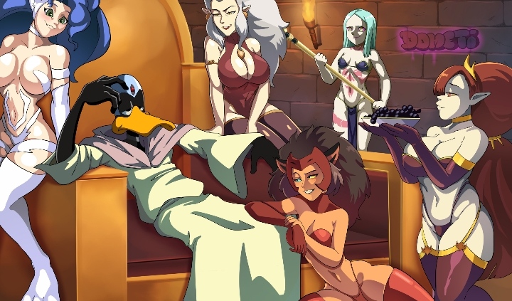 1boy, 2020s, 2026, 2d, 5girls, anthro, avian, bikini, blue hair, boob window, capcom, catra, cleavage, crossover, cyberpunk: edgerunners, daffy duck, darkstalkers, disney, dometi art, duck, eastern and western character, eda clawthorne, felicia (darkstalkers), female, femsub, green hair, grey hair, harem, harem outfit, hekapoo, legwear, light skin, loincloth, looney tunes, multiple girls, netflix, no ai, pelvic curtain, rebecca (edgerunners), red hair, revealing clothes, she-ra and the princesses of power, sitting on throne, star vs the forces of evil, submissive female, the owl house, thighhighs, throne, video games, western cartoon, white body, wizard