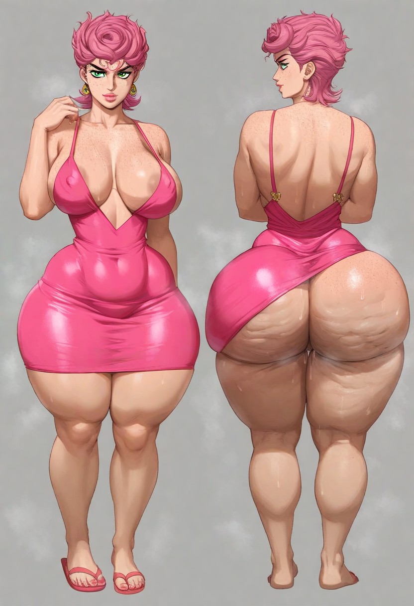 1girl, 1girls, ai generated, areolae, ass, big ass, big breasts, big butt, booty, bottom heavy, breasts, breedable, breedable hips, bubble ass, bubble butt, cellulite, cleavage, curvaceous, curvy, curvy figure, fat ass, feet, female, female only, flip flops, front and back, hips, jojo's bizarre adventure, musk, musk clouds, oiled, oiled skin, pawg, pawg build, perfect ass, phat ass, pink dress, pink hair, sexy, sexy ass, sexy body, sexy female, slut, slutty dress, slutty female, sweat, taiga20, thicc, thicc ass, thicc thighs, thick, thick ass, thick thighs, trish una, vento aureo, voluptuous, voluptuous female, wet, wide ass