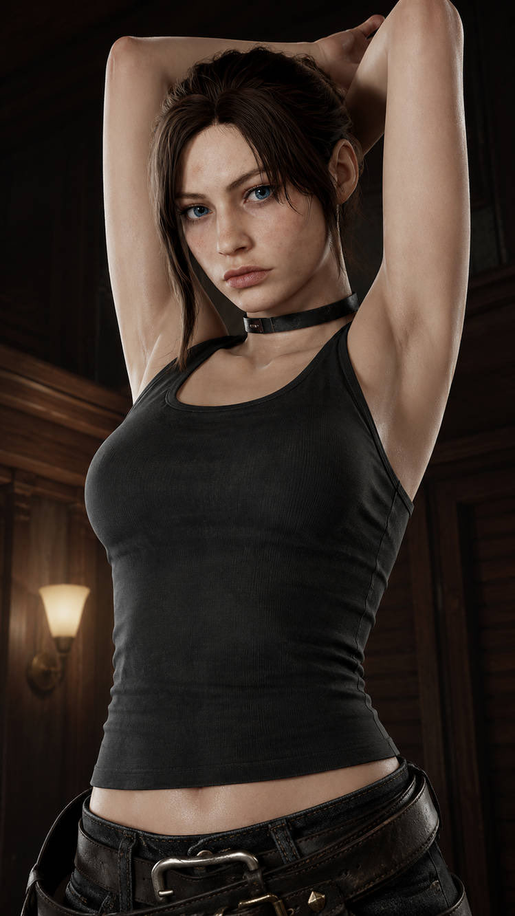 1girl, ai generated, armpits, arms up, blue eyes, brown hair, choker, claire redfield, claire redfield (jordan mcewen), female, female focus, looking at viewer, navel, resident evil, resident evil 2, resident evil 2 remake, resident evil code veronica, solo, tank top