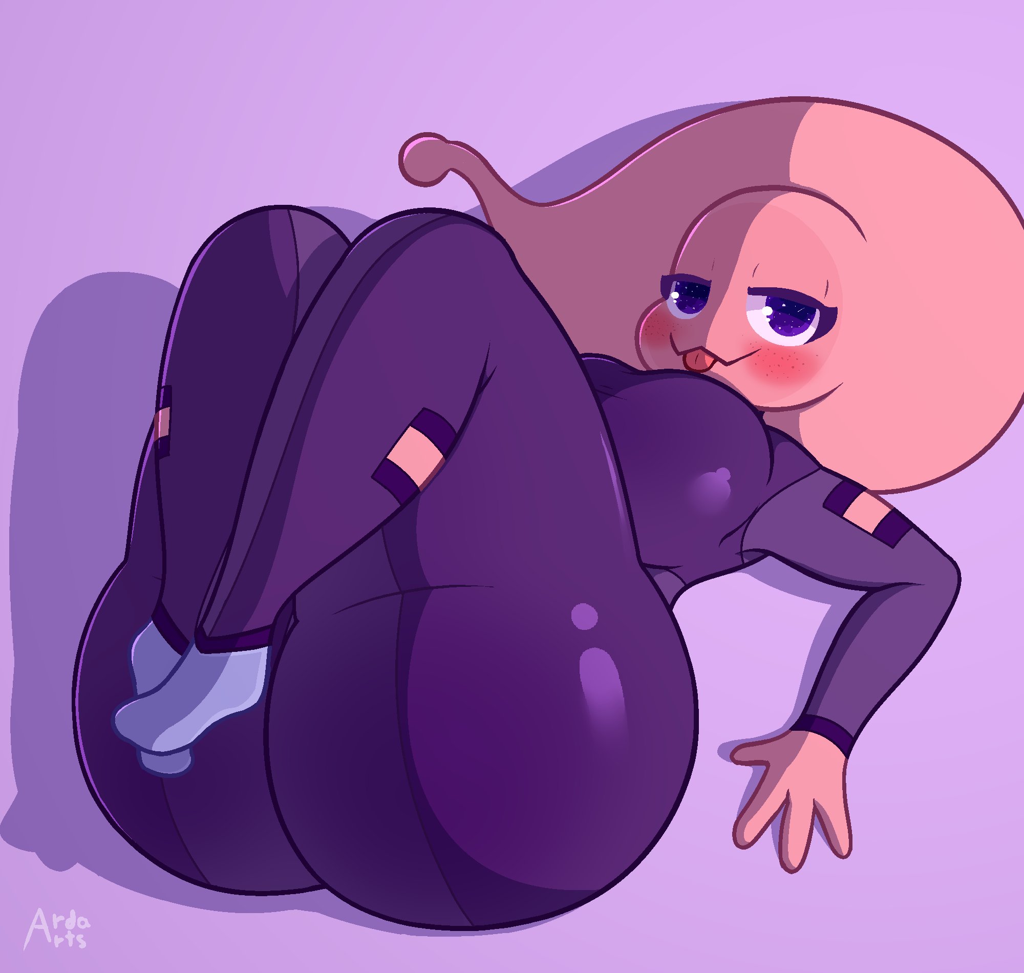 4 fingers, alien, angryelanoises, anthro, ass, bedroom eyes, big breasts, blush, breasts, ela (angryelanoises), eyelashes, female, female only, freckles, huge ass, looking at viewer, on back, pink skin, thick thighs, thighs, tongue, tongue out, uniform, voluptuous