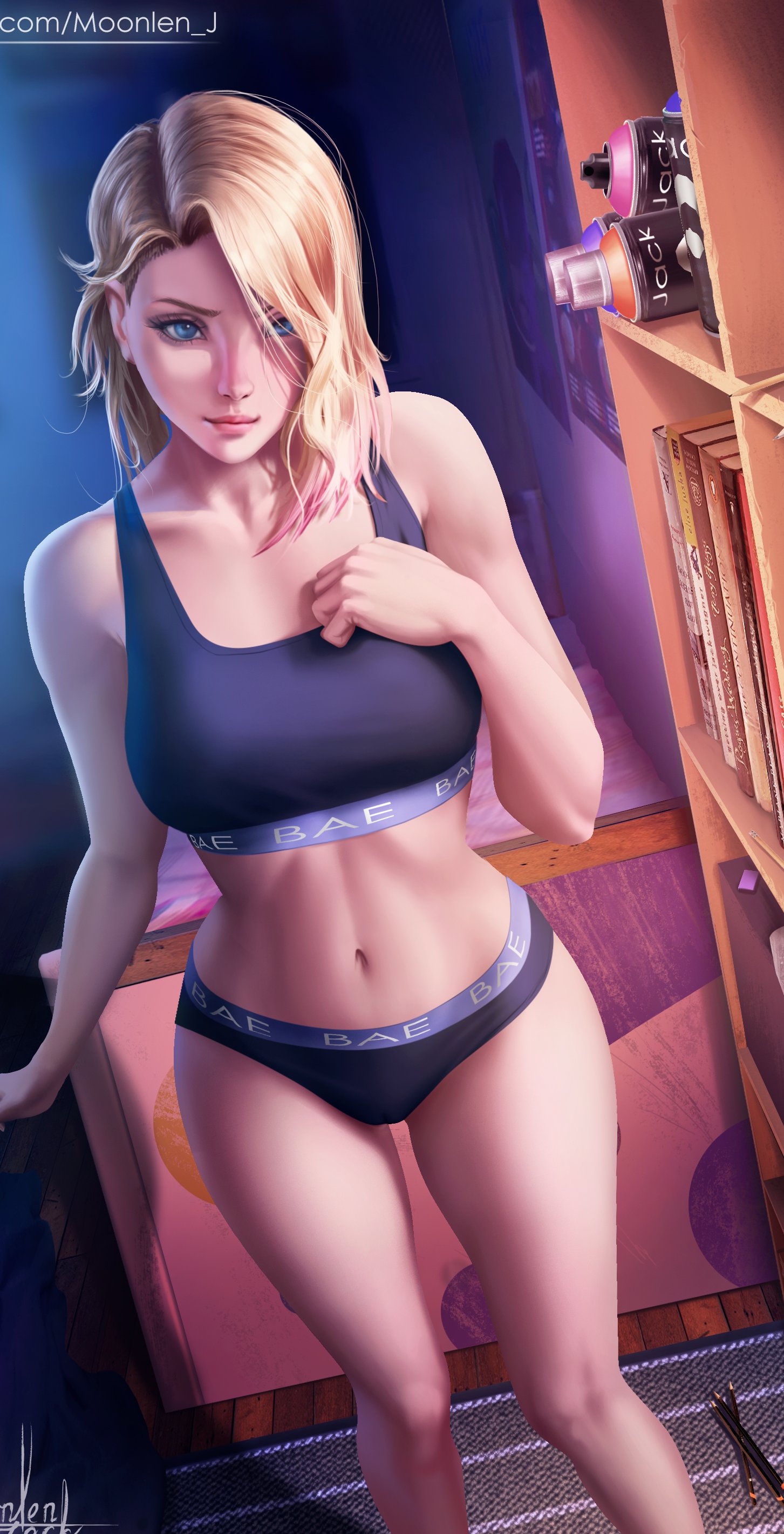 black bra, black panties, blonde hair, blue eyes, bra, breasts, curvy, curvy figure, female, female only, front view, gwen stacy, half naked, half-dressed, marvel, marvel comics, medium breasts, moonlen-jack, panties, pink hair, shaded, spider-man (series), spider-man: across the spider-verse, spider-man: into the spider-verse, sports bra, stomach, wide hips