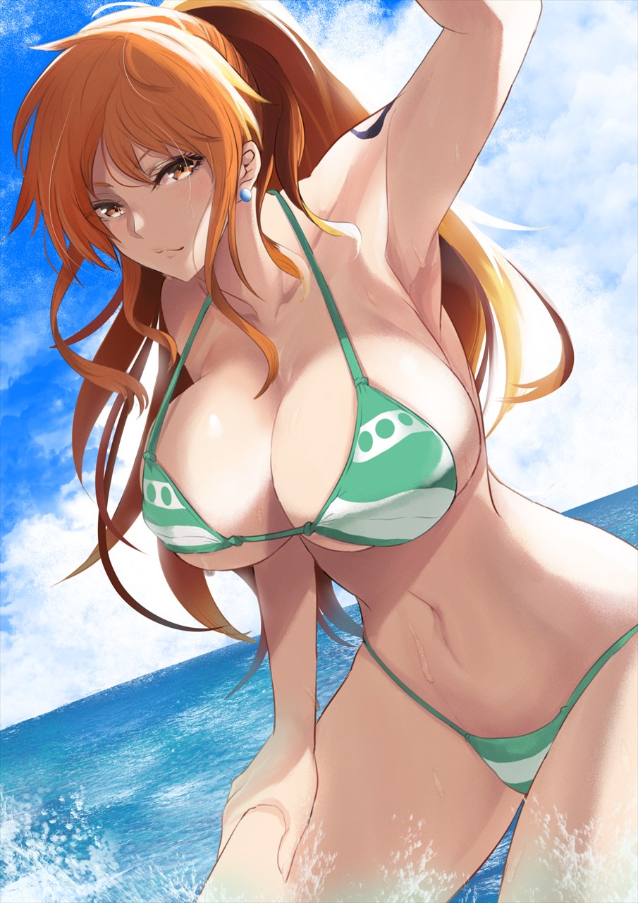 1girls, alternate breast size, arm tattoo, big breasts, bikini, bikini bottom, blue tattoo, breasts, brown eyes, curvy, curvy female, ear piercing, female, female focus, female human, female only, fit female, green bikini, hourglass figure, huge breasts, human, kawa batayoshi, large breasts, light skin, light-skinned female, long hair, midriff, nami (one piece), navel, no pants, ocean, one piece, orange hair, orange-haired female, ponytail, post-timeskip, sea, sky, slim waist, solo, striped bikini, tattoo, thick thighs, variant set, voluptuous, water, wide hips
