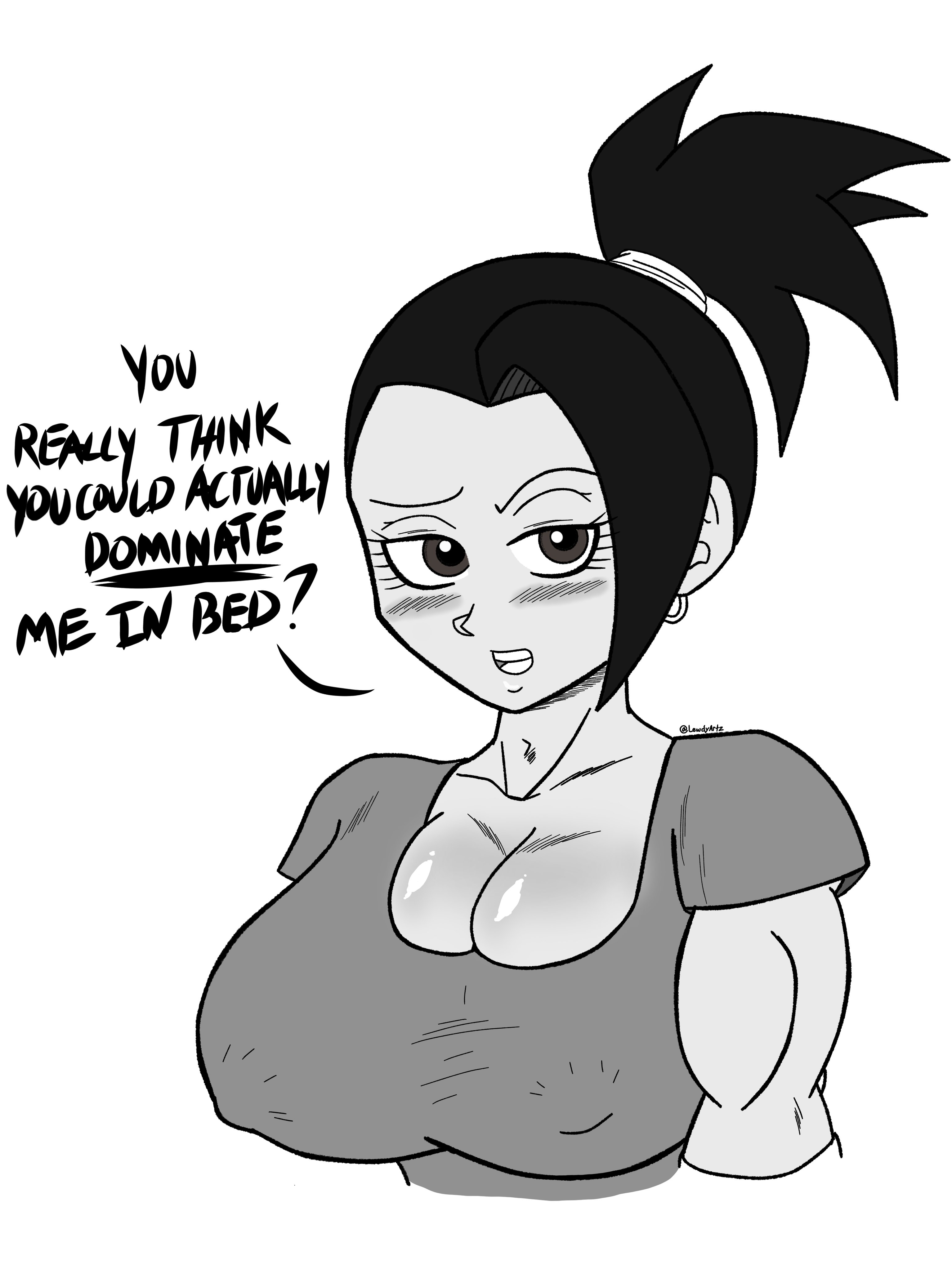 1girls, cleavage, clothing, dragon ball, dragon ball super, earrings, female, kale, lewdyartz, muscles, muscular, muscular female, nipple bulge, ponytail, tagme, text
