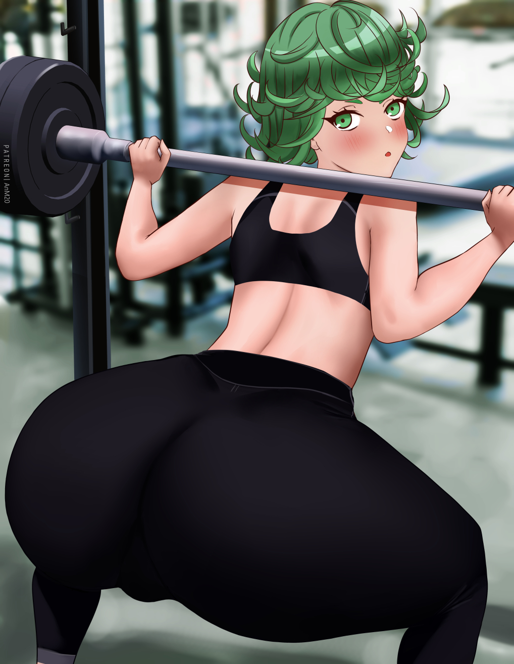 1girls 2021 anm20 ass barbell bare bare_shoulders big_ass blush from_behind green_eyes green_hair gym looking_at_viewer looking_back one-punch_man open_mouth short_hair solo sports_bra sportswear squatting tatsumaki weights white_skin yoga_pants