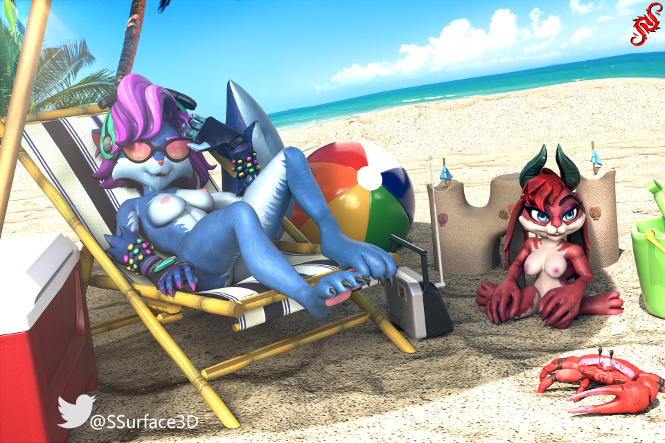 3d beach blue_fur bunny_girl dragonborn_moji fox furry moji_(paladins) nude paladins pepper_(paladins) pink_hair tail