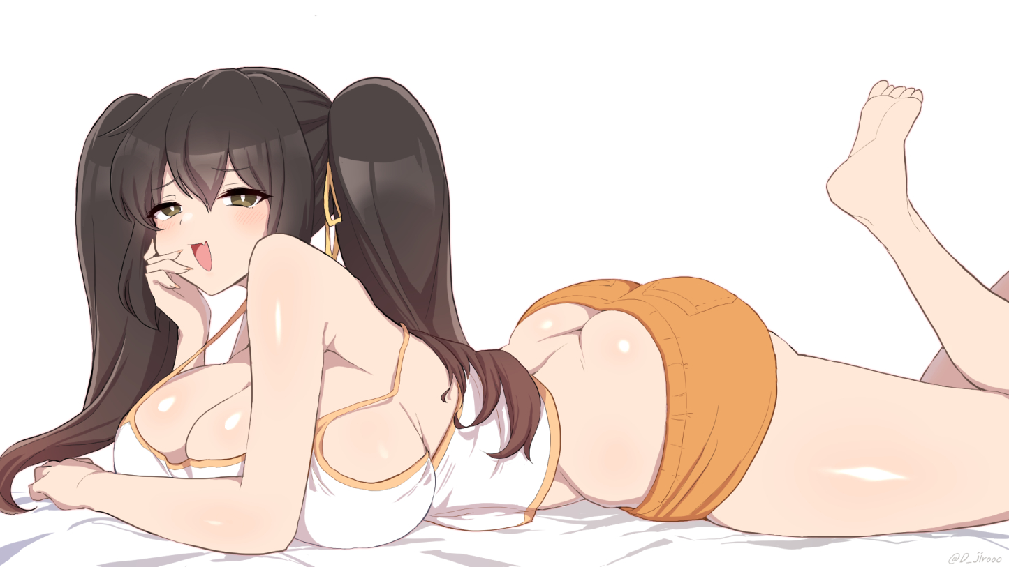1girls, ass, baconegg23, black hair, breasts, cleavage, d jirooo, feet, female, huge breasts, lying, lying down, on stomach, original, smug, solo, the pose, twintails