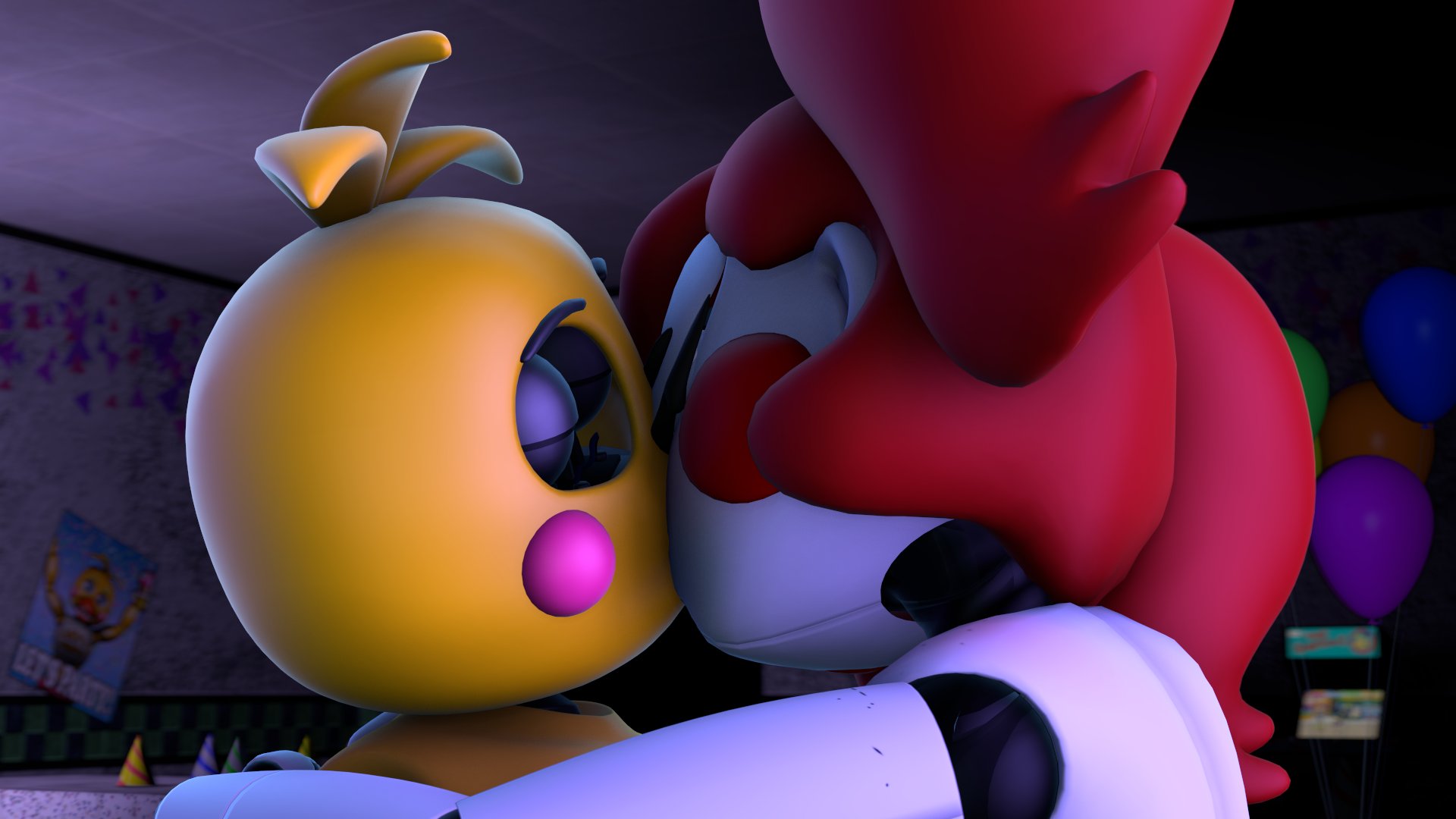 2girls, 3d, animatronic, baby (fnafsl), circus baby, circus baby (fnaf), closed eyes, completely nude, female, five nights at freddy's, kissing, lolmcfallout, lovetaste chica, mclol, nude, red hair, robot, robot girl, so87baby, summer of 87 baby, toy chica (fnaf), toy chica (love taste), twintails, yuri