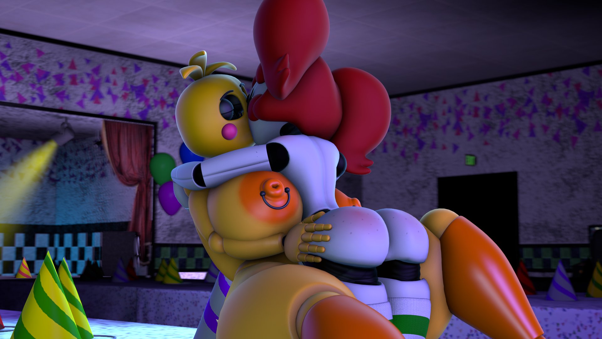 2girls, 3d, animatronic, ass, baby (fnafsl), big ass, big breasts, breasts, circus baby, circus baby (fnaf), completely nude, female, five nights at freddy's, five nights at freddy's: sister location, huge breasts, kissing, large ass, large breasts, lolmcfallout, lovetaste chica, mclol, nipple piercing, nipples, nude, pierced nipples, piercing, red hair, robot, robot girl, so87baby, summer of 87 baby, thick thighs, thighs, toy chica (fnaf), toy chica (love taste), twintails, yuri