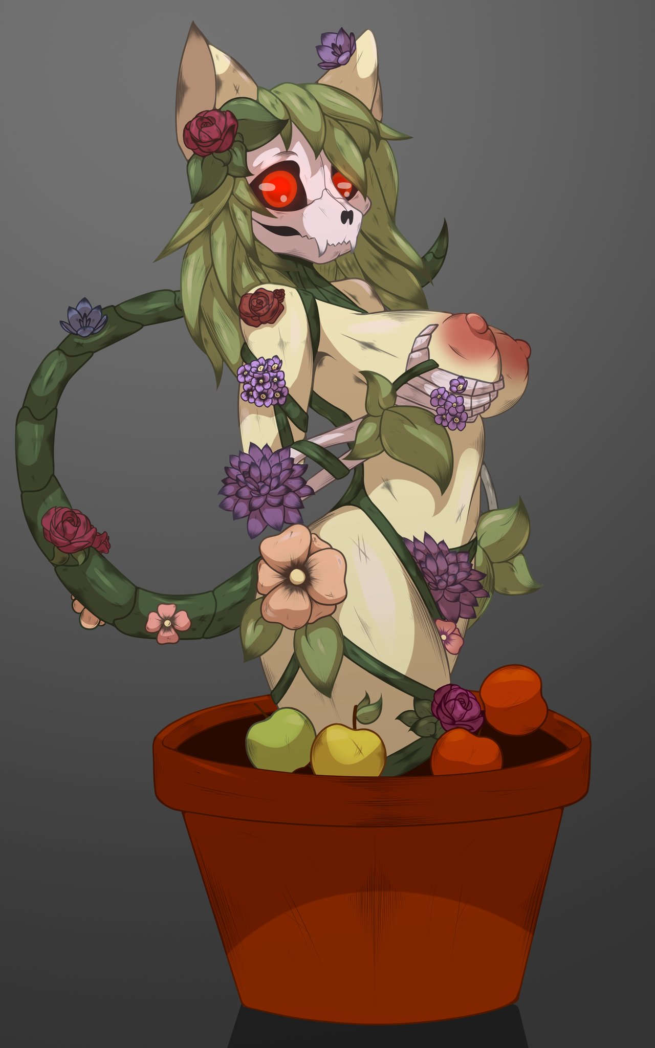 10:16 accessory anthro breast_grab breasts domestic_cat elemental_creature felid feline felis female flora_fauna flower flower_in_hair hair hair_accessory hand_on_breast hi_res mammal monster nude plant plant_monster scp-1513 scp_foundation simple_background solo todyfel