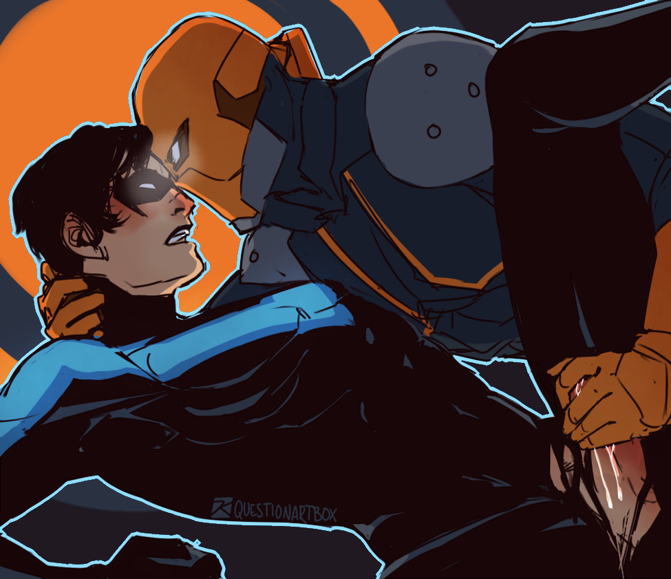 2boys abs age_difference armor bara batman_(series) big_dom_small_sub bodysuit dark_hair dc dc_comics deathstroke dick_grayson dripping dripping_cum gay gloves handjob handjob_with_gloves holding_neck large_dom_small_sub large_penis leaning_forward leaning_on_elbow leg_up male male_only mask nightwing older_male older_man_and_younger_boy open_legs open_mouth panting parted_lips penis pressed_against pressed_together ripped_clothing slade_wilson superhero teen_titans villain_on_hero yaoi