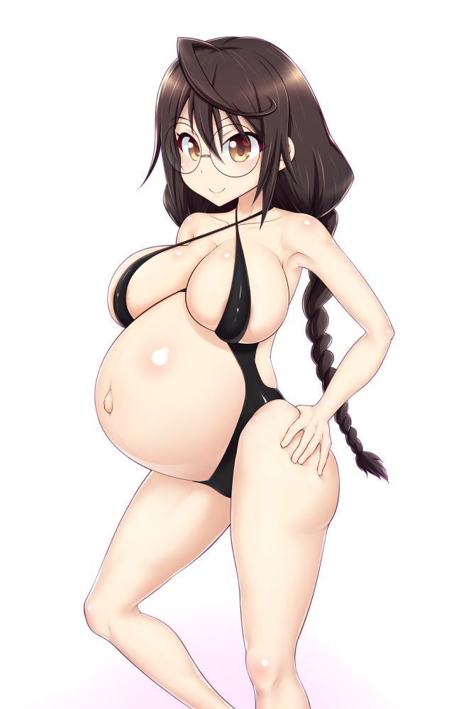 aka8mori areola_slip big_breasts black_swimsuit braided_hair braided_twintails brown_hair cleavage dark_hair female female_only glasses hand_on_hip long_hair looking_at_viewer one-piece_swimsuit overflowing_breasts pastel_memories pregnant sakaki_ayaka smile solo swimsuit yellow_eyes