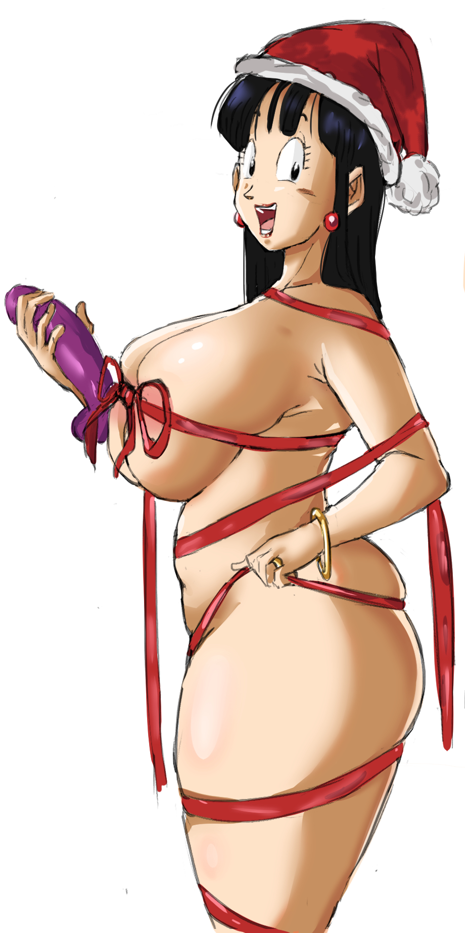 1girls areolae ass belly big_ass big_breasts black_hair blush bow breasts chichi christmas curvy dildo dragon_ball dragon_ball_super dragon_ball_z earrings huge_ass large_breasts lipstick long_hair looking_at_viewer milf nipples open_mouth panarandom ribbon ribbon_bondage ribboned_body santa_hat solo thick_thighs white_background