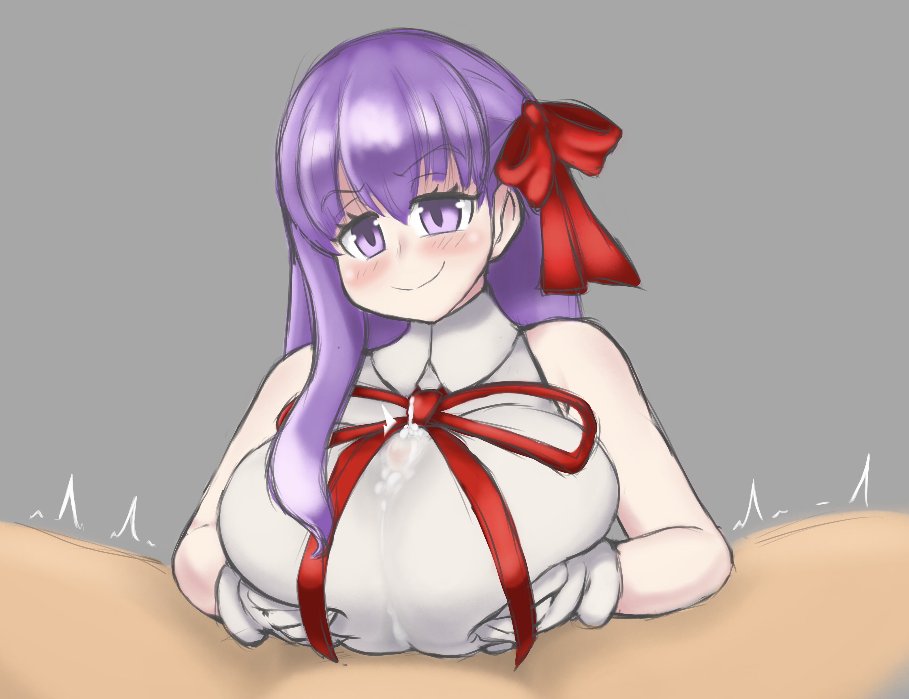 1boy, 1girls, bb (fate), blush, breast squeeze, breasts, bulge, bulge through clothing, clothed, clothed female, clothed paizuri, clothes, clothing, cum, cum on clothing, cum through clothes, cum through clothing, cumshot, dizner, duo, ejaculation, ejaculation under clothes, eyebrows, eyebrows visible through hair, faceless male, fate (series), female, hair, huge breasts, male, male/female, matching hair and eye color, matching hair/eyes, outercourse, paizuri, paizuri under clothes, penis, penis under clothes, purple eyes, purple hair, smile, smug, spread legs, wet clothing