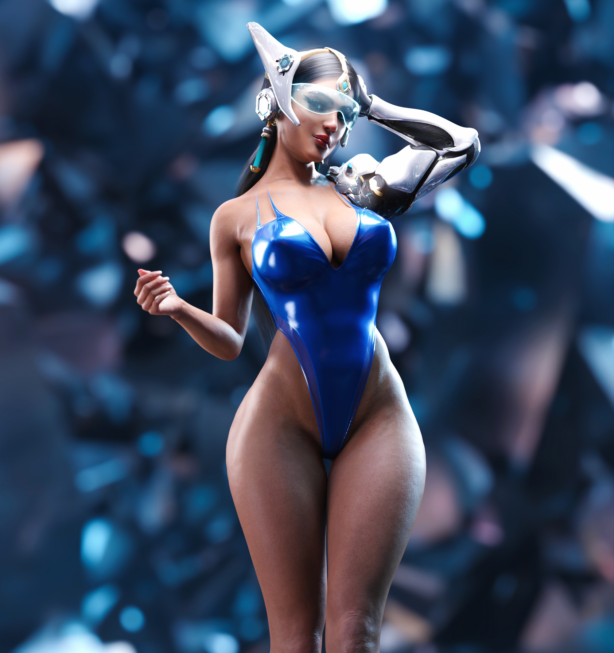 1girls, 3d, 3d (artwork), big breasts, blizzard entertainment, blue swimsuit, blue-tinted eyewear, breasts, cleavage, cybernetic arm, dark skin, dark-skinned female, female, female focus, female only, hi res, indian, indian female, looking at viewer, mechanical arm, nipple bulge, noahgraphicz, one-piece swimsuit, overwatch, robotic arm, solo, solo female, solo focus, swimsuit, swimwear, symmetra, thick thighs, tinted eyewear, visor, wide hips