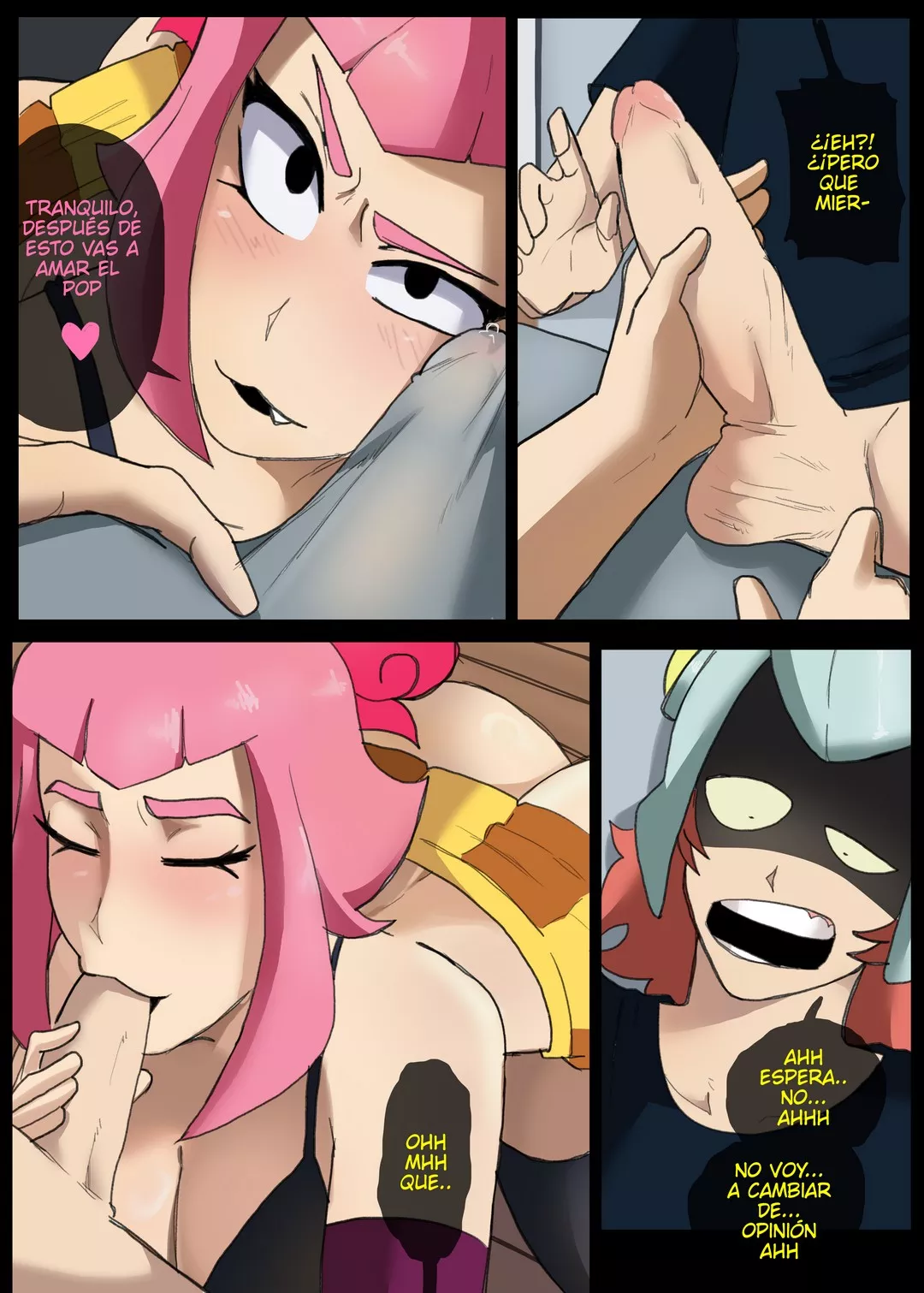 ?!, .., ..., 1boy, 1girls, 2025, 4 panel comic, black shirt, blue pants, brawl stars, closed eyes, comic, draco (brawl stars), erect penis, erection, female, grabbing, grabbing another's penis, grabbing penis, head out of frame, male, melodie (brawl stars), moaning, moaning in pleasure, oral, oral masturbation, oral penetration, oral sex, page 5, penis, pink hair, pink text, red hair, regentkenji, spanish dialogue, spanish text, talking to partner, text, yellow text