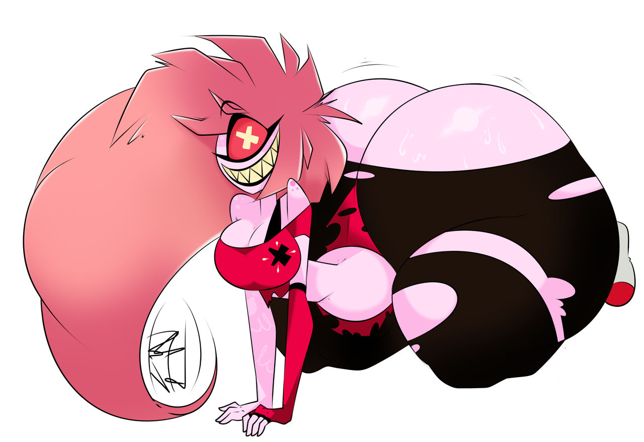 ass, ass bigger than head, ass window, cherri bomb, cherri bomb (hazbin hotel), cleavage, clothed, demon, demon girl, dumptruck ass, female, female only, hazbin hotel, huge breasts, hyper, hyper ass, large ass, no bra, no underwear, refidl, revealing clothes, ripped clothing, teasing, torn clothes, torn clothing