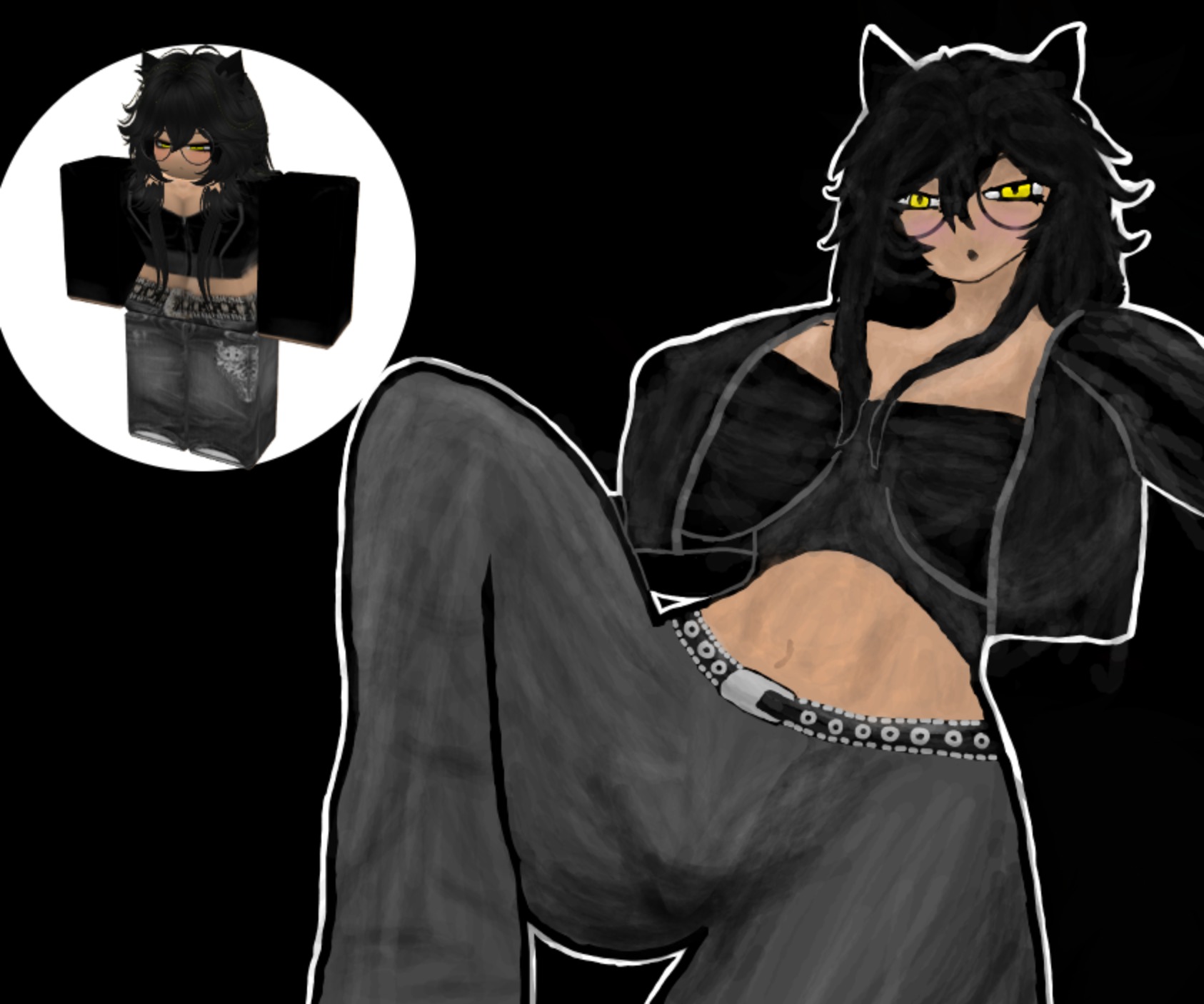 1girls, 2d, 2d (artwork), alzer , belly, belly button, belt, big breasts, big thighs, black background, black hair, breasts, cat ears, clothed, female, female only, flare pants, glasses, huge breasts, huge thighs, jeans, nipple bulge, reference image, roblox, roblox avatar, robloxian, round glasses, seductive eyes, self upload, slim waist, solo, thick, thick legs, tight clothing, white skin, yellow eyes