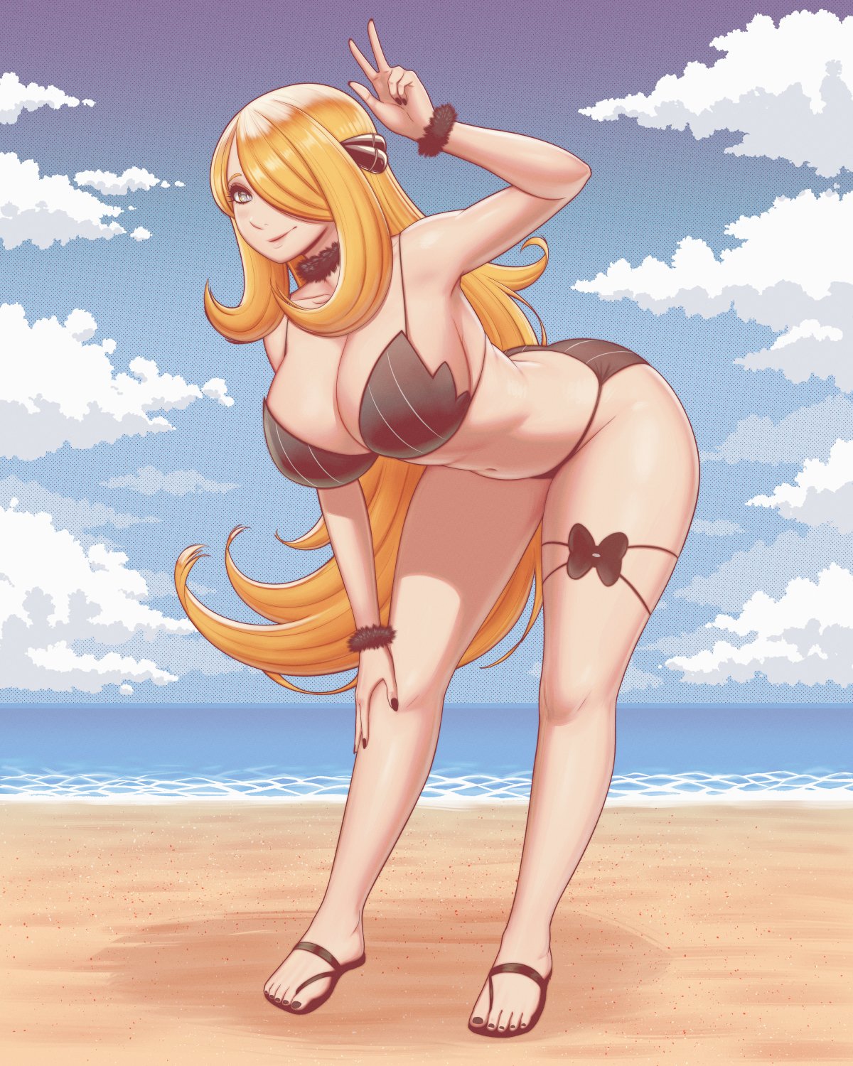 ass, big ass, big breasts, big butt, big thighs, big titties, bikini, black nails, black toenails, breasts, clothing, curvaceous, curvaceous female, curvaceous figure, curvy, curvy figure, curvy hips, cynthia (pokemon), female, female focus, female only, long hair, looking at viewer, nail polish, nintendo, pokemon, toenail polish, vyor, yellow hair