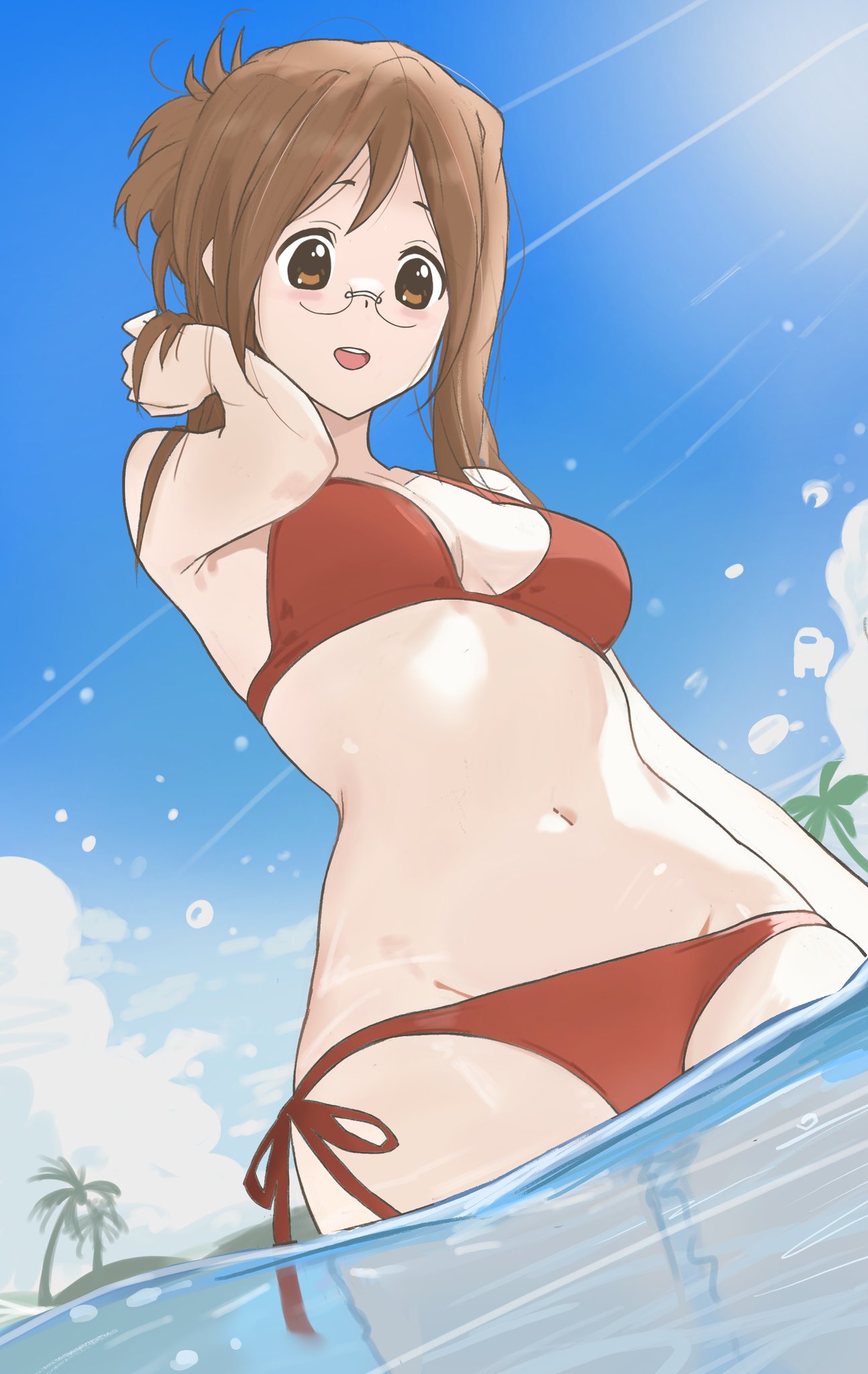 1girls, andrey pavlow, bikini, brown eyes, brown hair, day, female, female only, glasses, in water, k-on!, outdoors, red bikini, sawako yamanaka (k-on!), sunlight, swimsuit, tagme, water