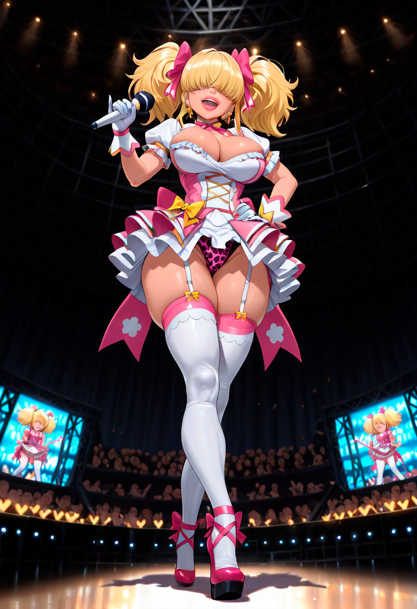 ai generated, ass, big breasts, bimbi (starlightnex), bimbo, bimbo body, bimbo lips, bimbofication, blonde hair, breasts, curvy, curvy body, curvy female, curvy figure, curvy hips, female, female only, garter straps, hair over eyes, hand on hip, high heels, huge breasts, idol, leopard print, lips, magical girl, original, original character, panties, round breasts, singing, slim waist, starlightnex, stockings, tan body, tan skin, thick, thick ass, thick hips, thick legs, thick lips, thick thighs, thigh highs, thighhighs, thighs, twintails, wide hips, young female