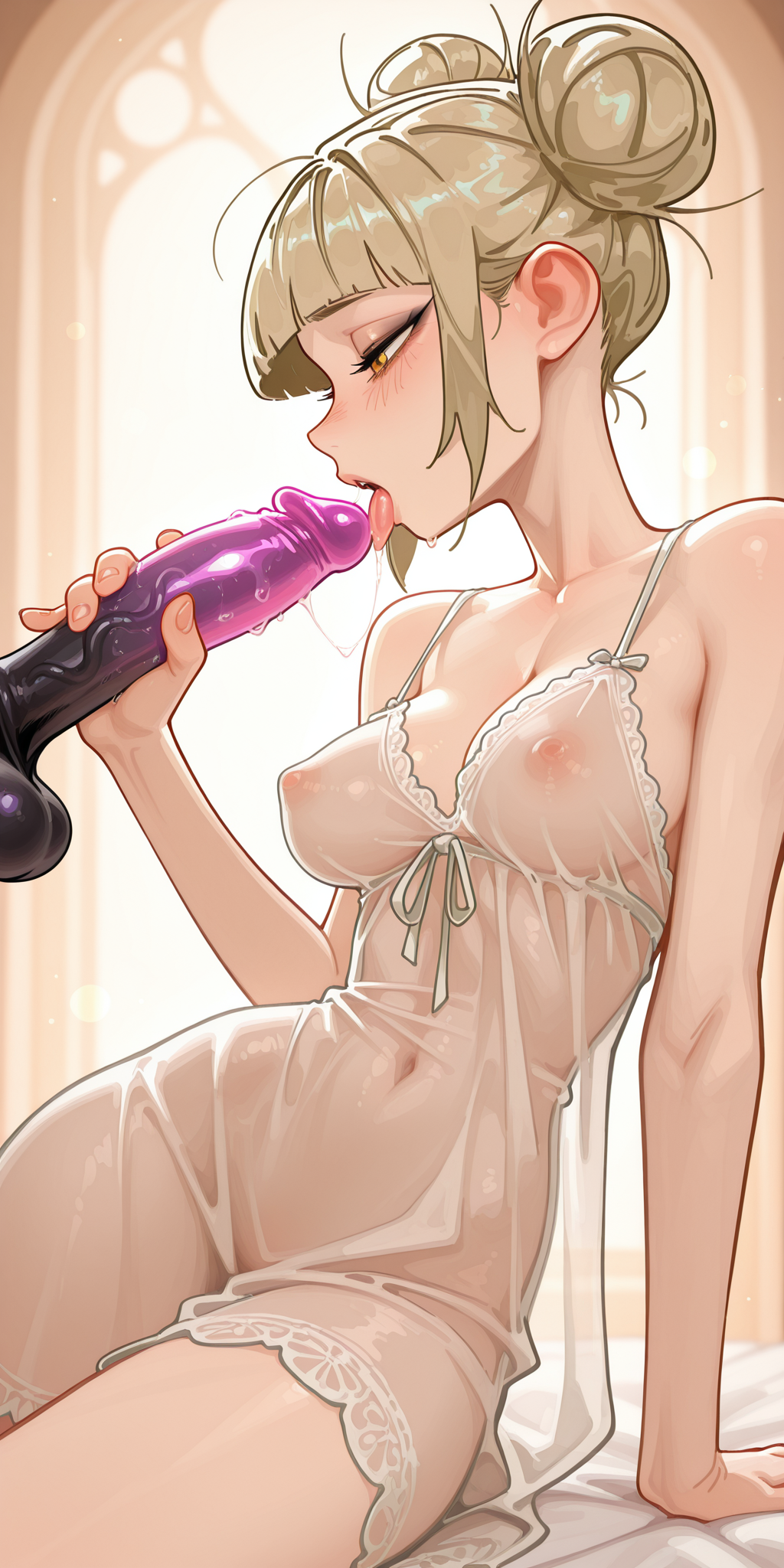 1girls, ai generated, bedroom, blonde hair, blonde-haired female, blunt bangs, boku no hero academia, breasts, covered navel, covered nipples, cute, dildo, female, hair bun, himiko toga, holding dildo, holding object, horny, imminent deepthroat, imminent oral, indoors, licking dildo, licking penis, male, medium breasts, molamaxuy, morning, my hero academia, nightgown, on bed, oral, oral training, penis, perfect body, petite, profile view, purple dildo, saliva, saliva trail, see-through, sexy, silhouette, sitting, skinny, slim, solo, teenager, yellow eyes