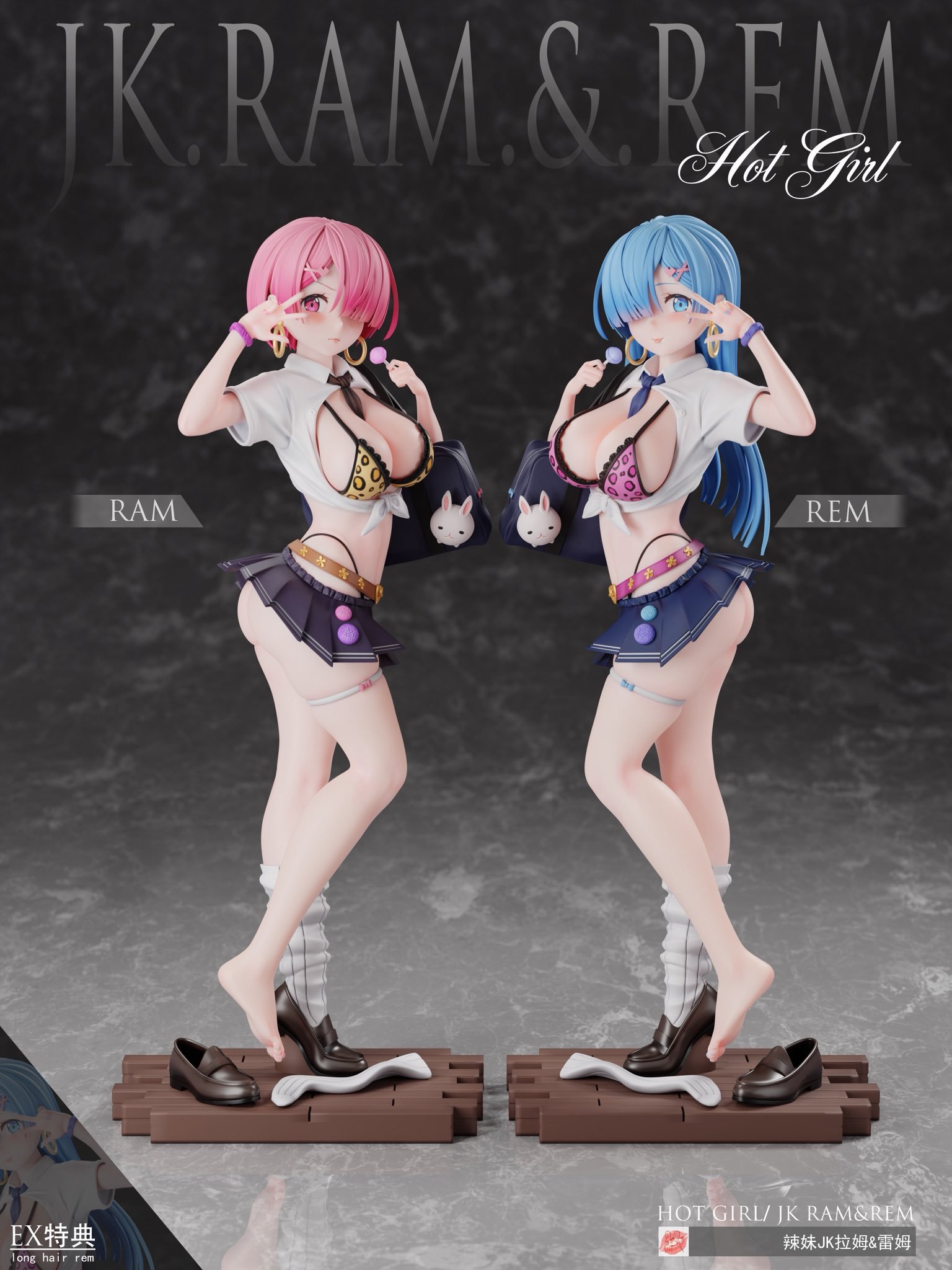 1/6, 2girls, animal print, animal print bikini, bag charm, bikini, blue eyes, blue hair, breasts, charm, duo, duo female, duo focus, female, female only, figure, figure (medium), figurine, gyaru, gyarufied, hair ornament, hairclip, large breasts, leopard print, leopard print bikini, light-skinned female, loafers, long hair, looking at viewer, micro skirt, microskirt, penny loafers, pink eyes, pink hair, pleated skirt, print bikini, pu (material), rabbit charm, ram (re:zero), re:zero kara hajimeru isekai seikatsu, rem (re:zero), resin (material), school uniform, single shoe, single sock, sisters, skirt, thistles and thorns studio, tied shirt, tote bag, twins, v sign