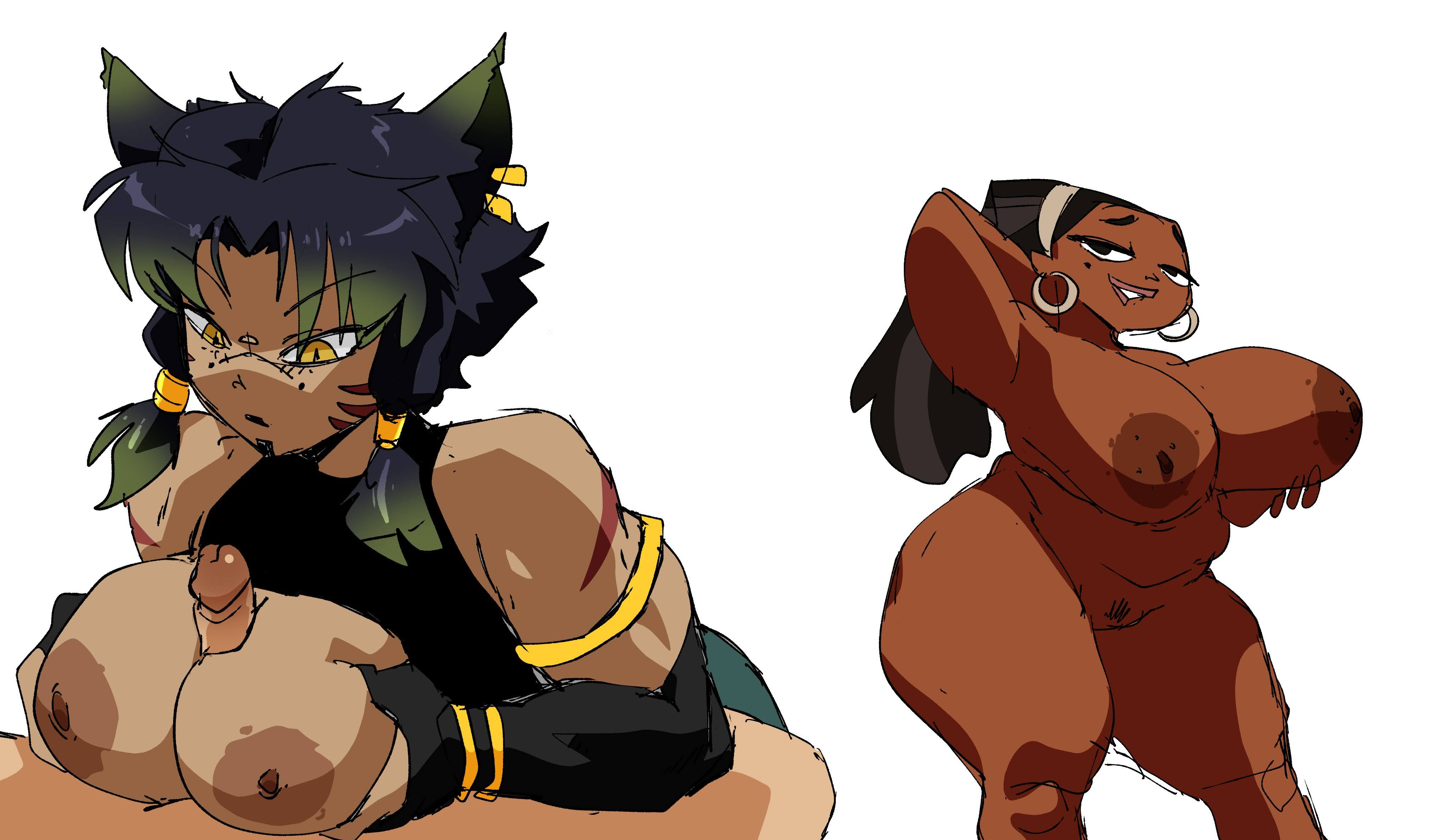 1boy, 2girls, animal ears, areolae, armlet, between breasts, black eyes, black hair, breast press, breasts, breasts squeezed together, cat ears, character request, coolerinker, dark areolae, dark nipples, dark skin, dark-skinned female, dark-skinnedsub, earrings, facial mark, female, female pubic hair, gloves, grabbing own breast, gradient hair, green hair, hoop earrings, huge breasts, inker comics, inkershike, inverted nipples, jewelry, large breasts, leshawna (tdi), long hair, male, multicolored hair, multiple girls, nipples, nude, paizuri, partial male, penis, piercing, plump, pubic hair, scar, scar on face, scar on nose, short hair, smile, straight, thick thighs, thighs, total drama island, two-tone hair, yellow eyes