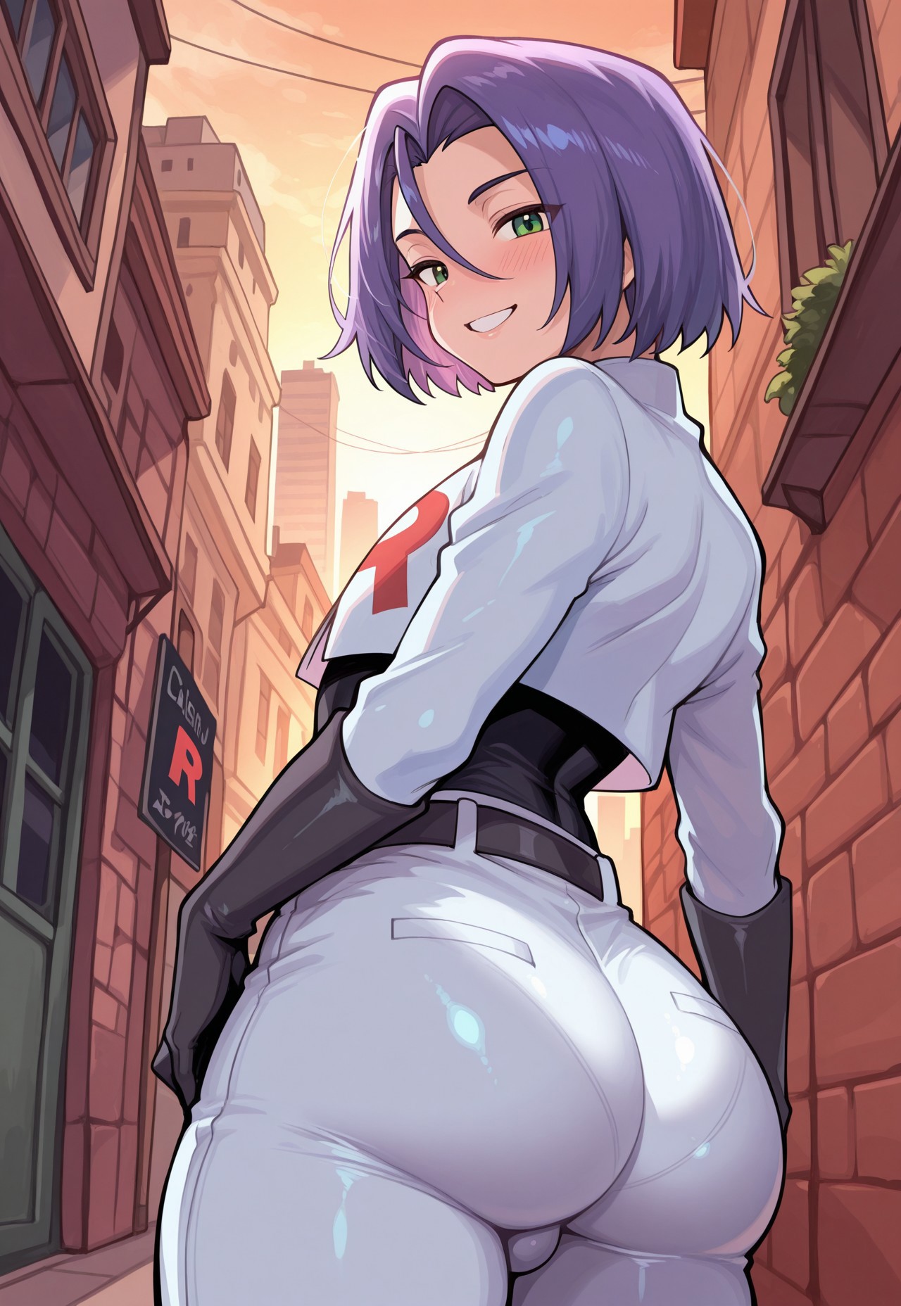 1boy, 1femboy, 2025, ai generated, alternate version available, ass, balls, big ass, blush, bulge, dispatcher2, femboy, feminine male, green eyes, james (pokemon), male, outdoors, outside, pants, pokemon, purple hair, team rocket, testicles, thick thighs, top, topwear, twink